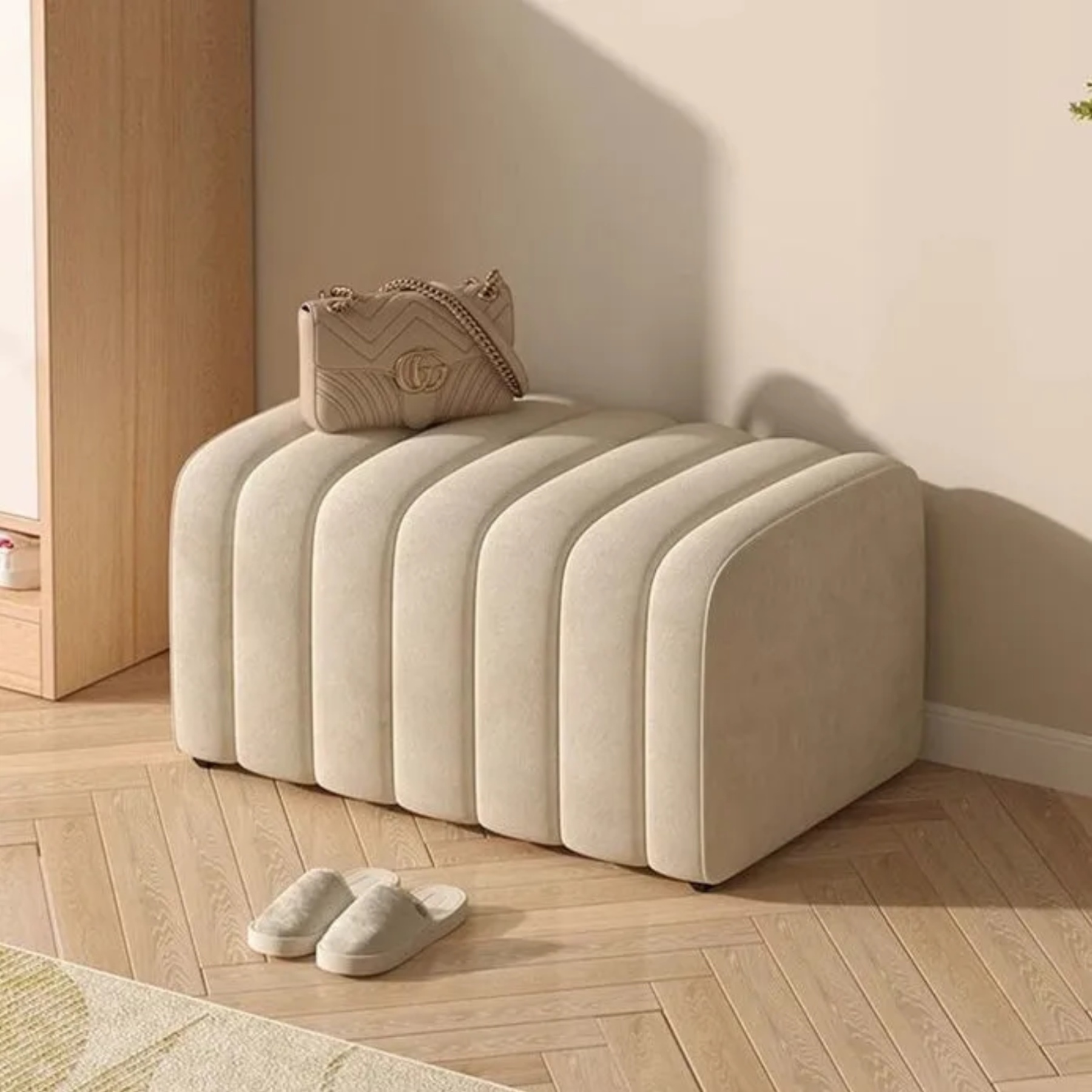 Gray nordic rectangular shoe benches — 23.62" L x 15.75" W x 15.75" H / Beige