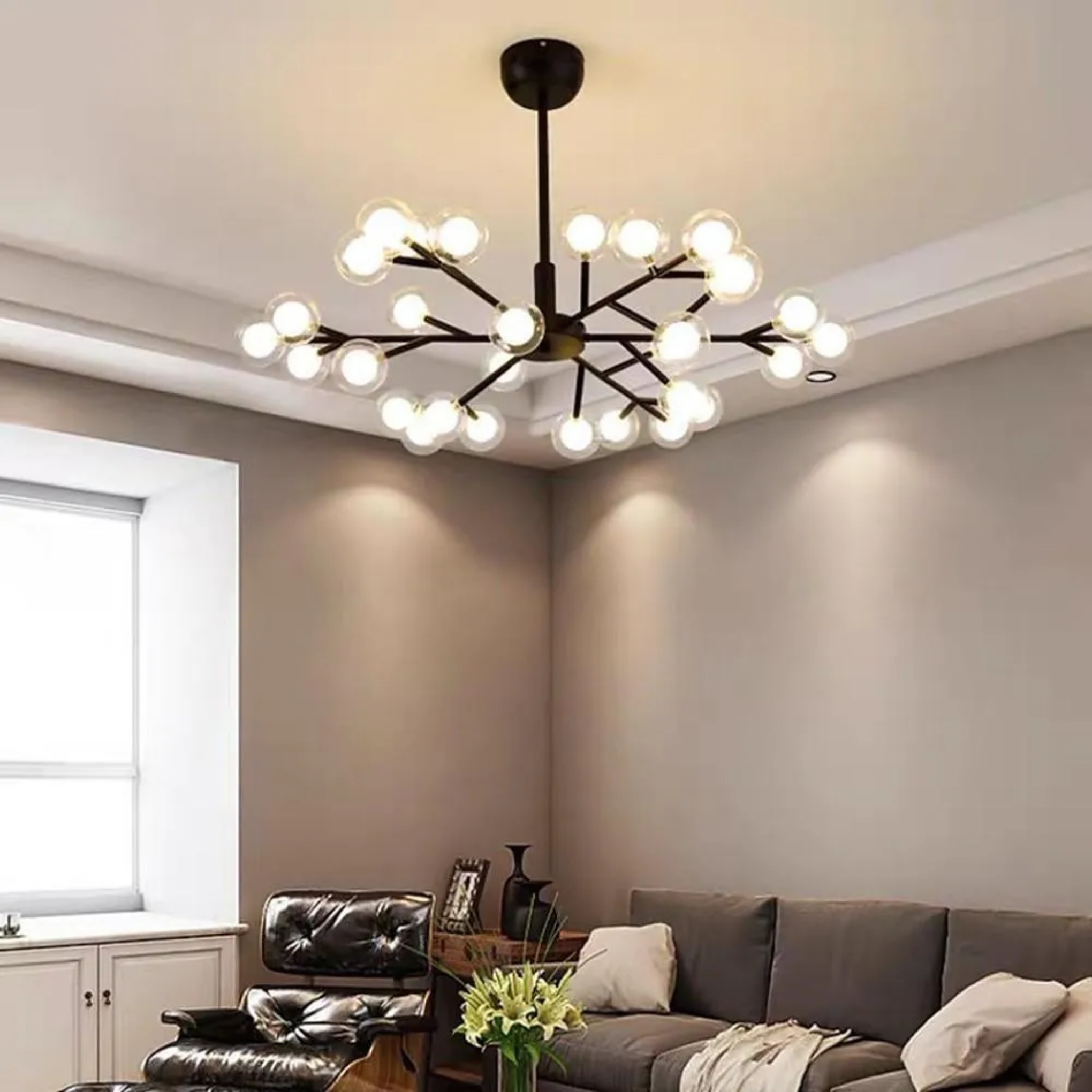 Orb 30-light iron chandeliers for dining room or living room — Matte Black