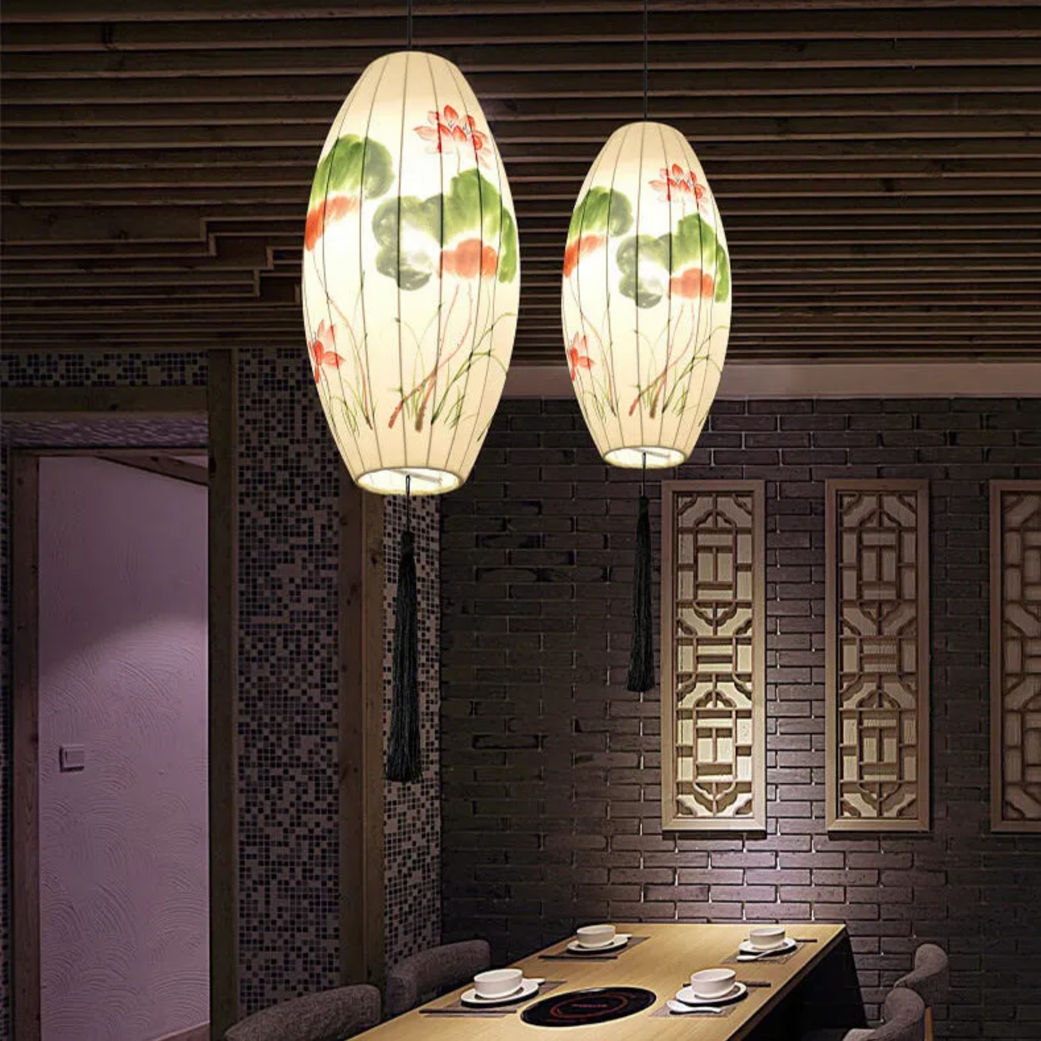 Red japanese oriental handmade pendant lighting — Small (12"H / Beige / 110V-120V (US/CA)