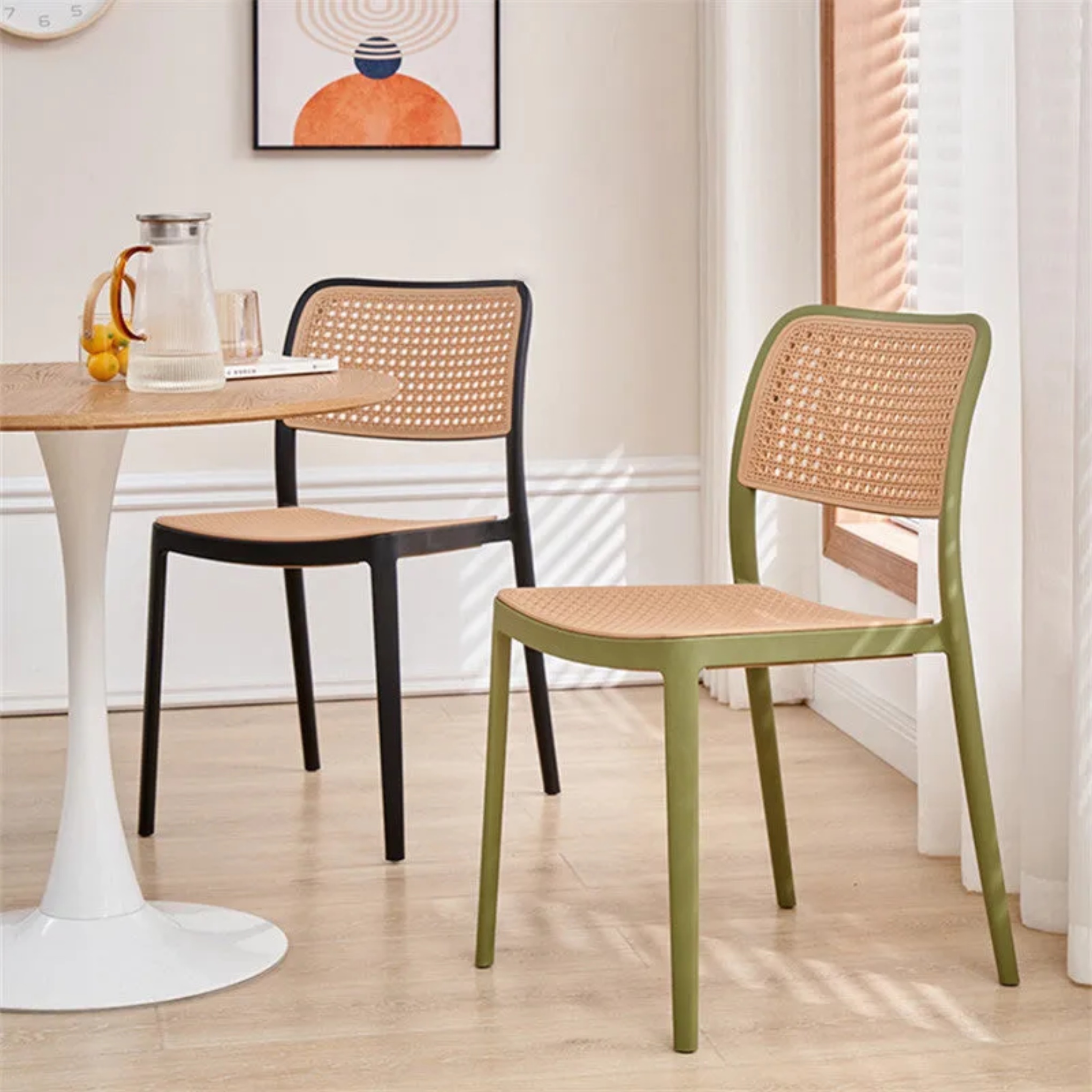 Minimalist stackable rattan-look gray dining chairs & benches — Armless Chair / Black