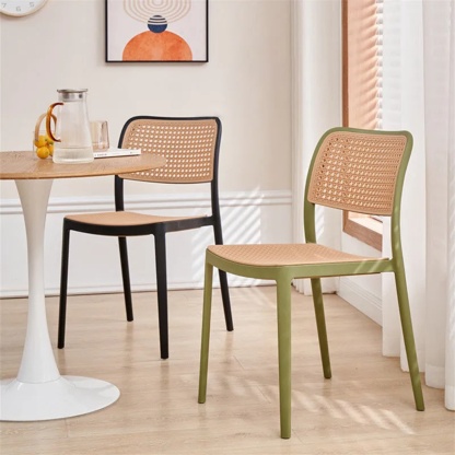 Minimalist stackable rattan-look gray dining chairs & benches — Armless Chair / Black