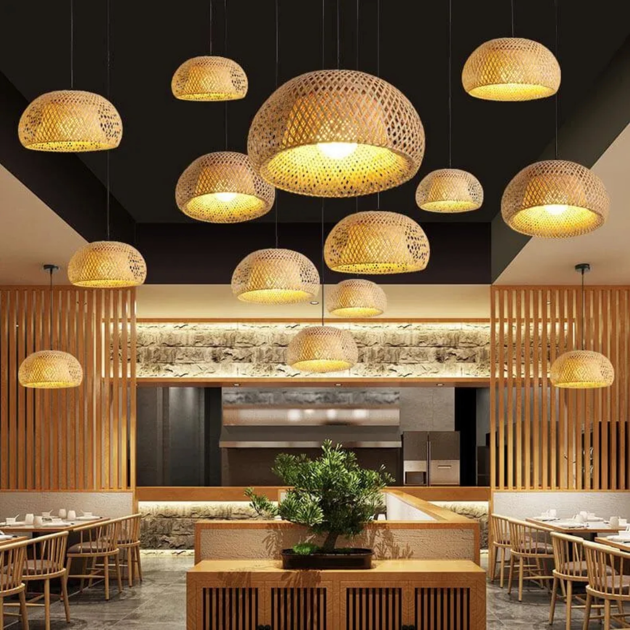 Oak japanese single dome pendant lighting — 11.81" W x 39.37" L x 7.09" H / 110V-120V (US/CA)