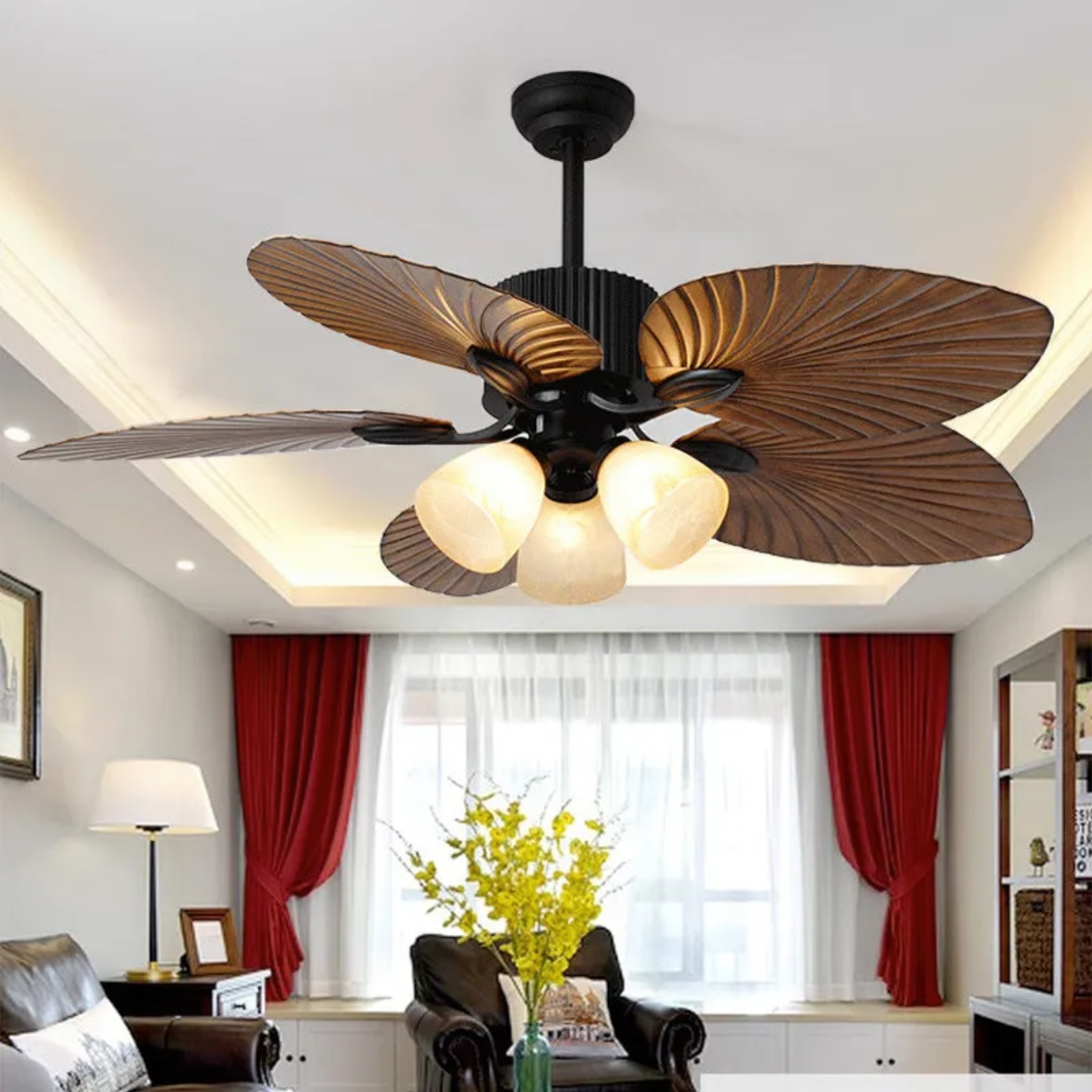 Palm-leaf retro black glass ceiling fans, Lighom — 3-Light / 110V-120V (US/CA)