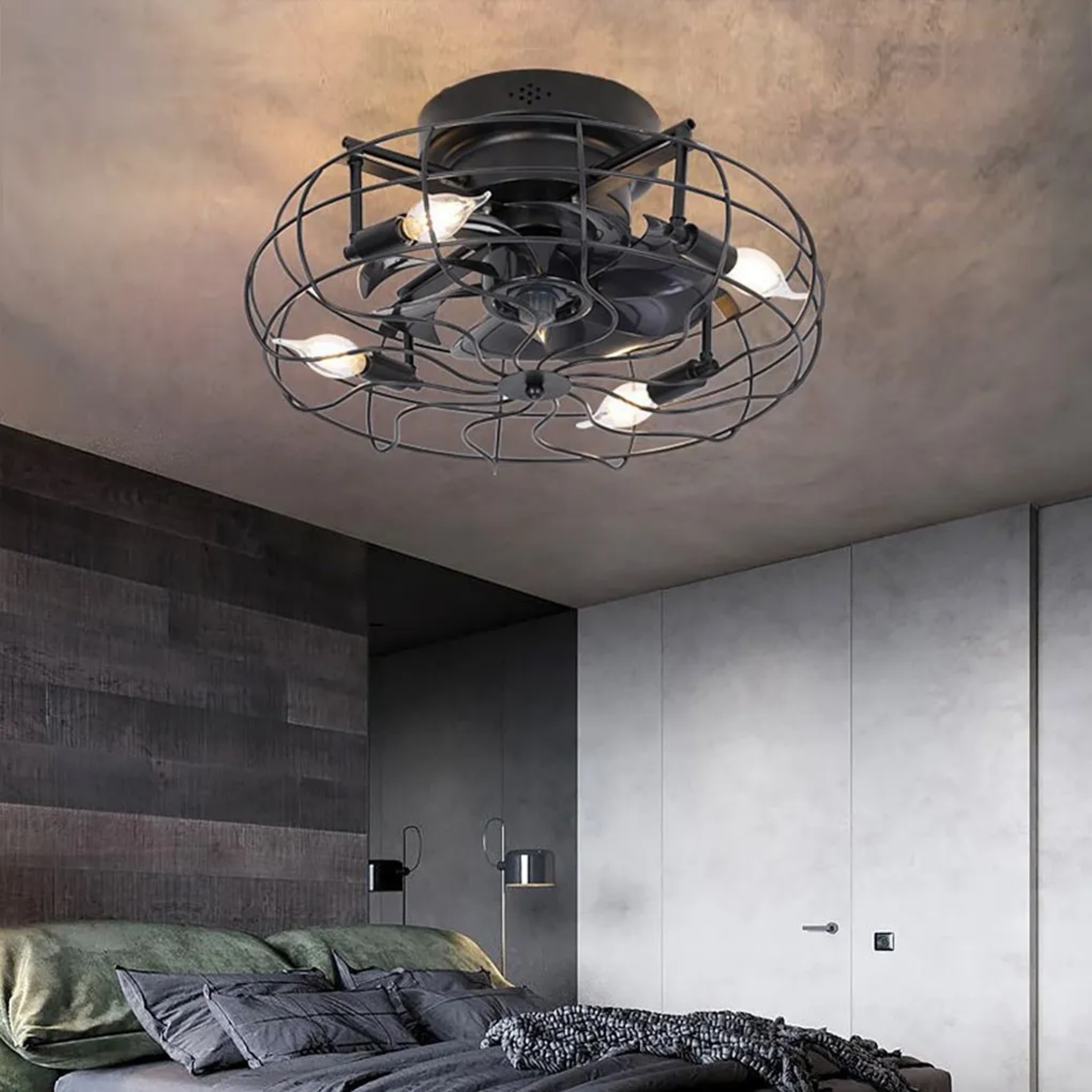 Lighom industrial 3-speed retro synthetic ceiling fans — Matte Black
