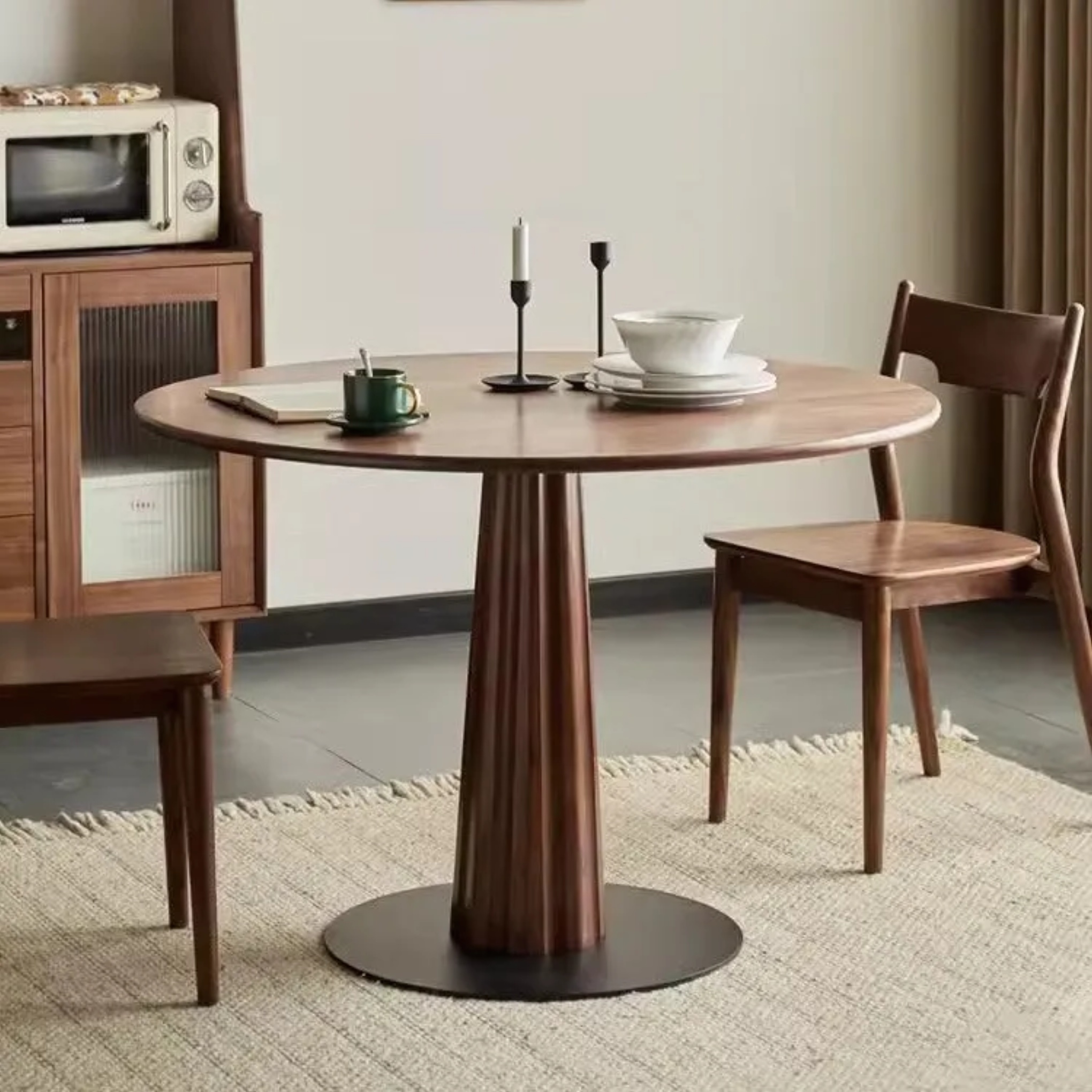 Retro carbon 2-11 walnut dining table in steel — 29.5" H x 31.5" Dia