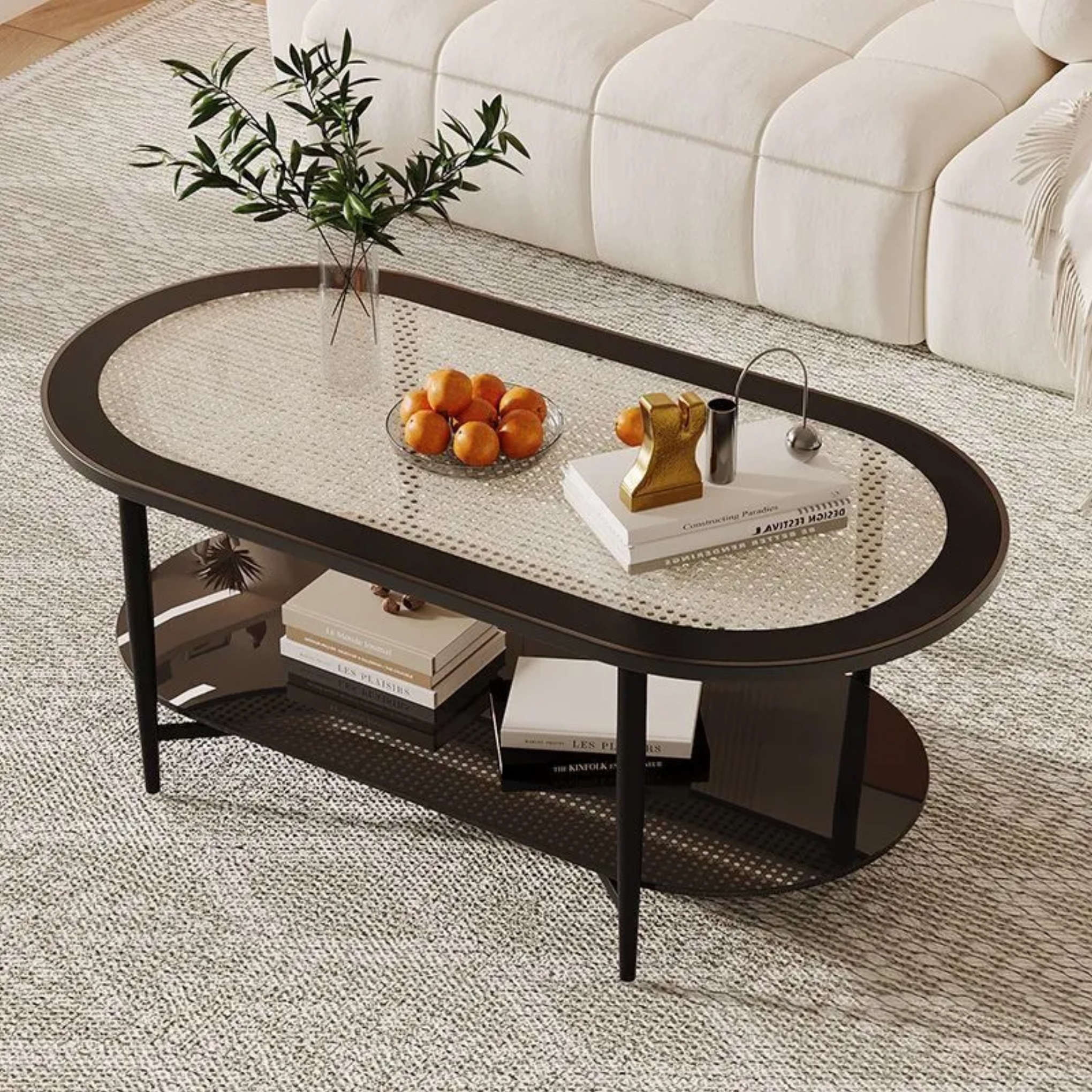 Lighom traditional oval 2-tier black coffee tables in steel — Style A / Vintage Black