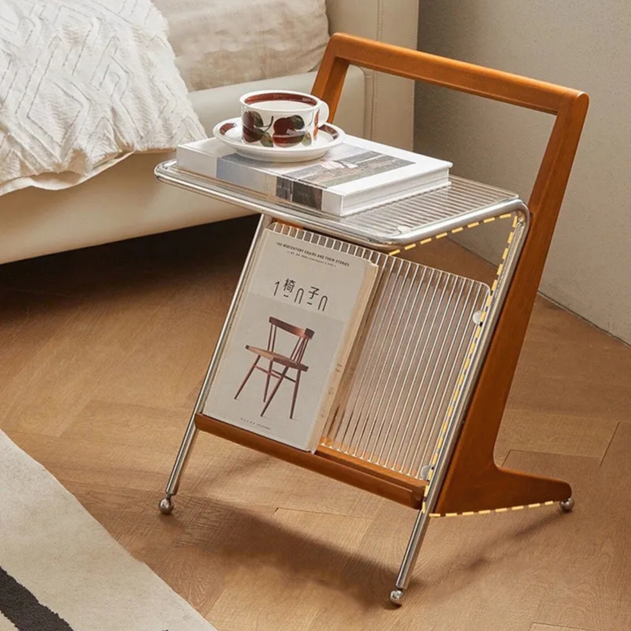 Retro solid geometric wood end & side tables — Cherry