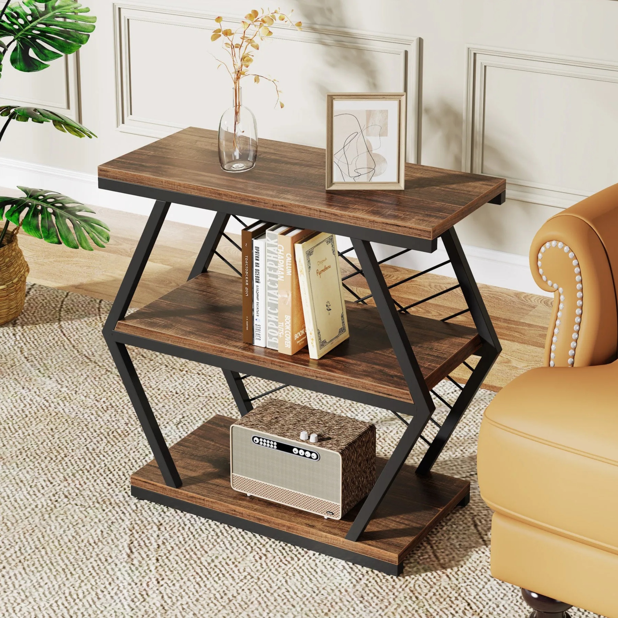 Retro 3-tier walnut iron glass end & side tables