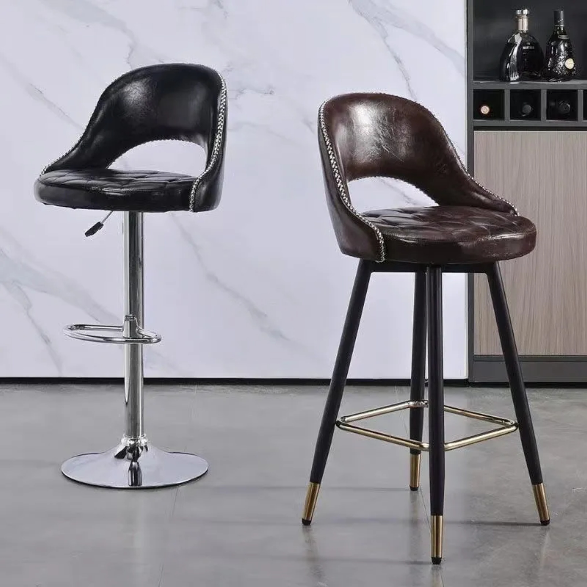 Retro natural leather bar & counter stools, Lighom — Non-Liftable & Non-Swivel / Green