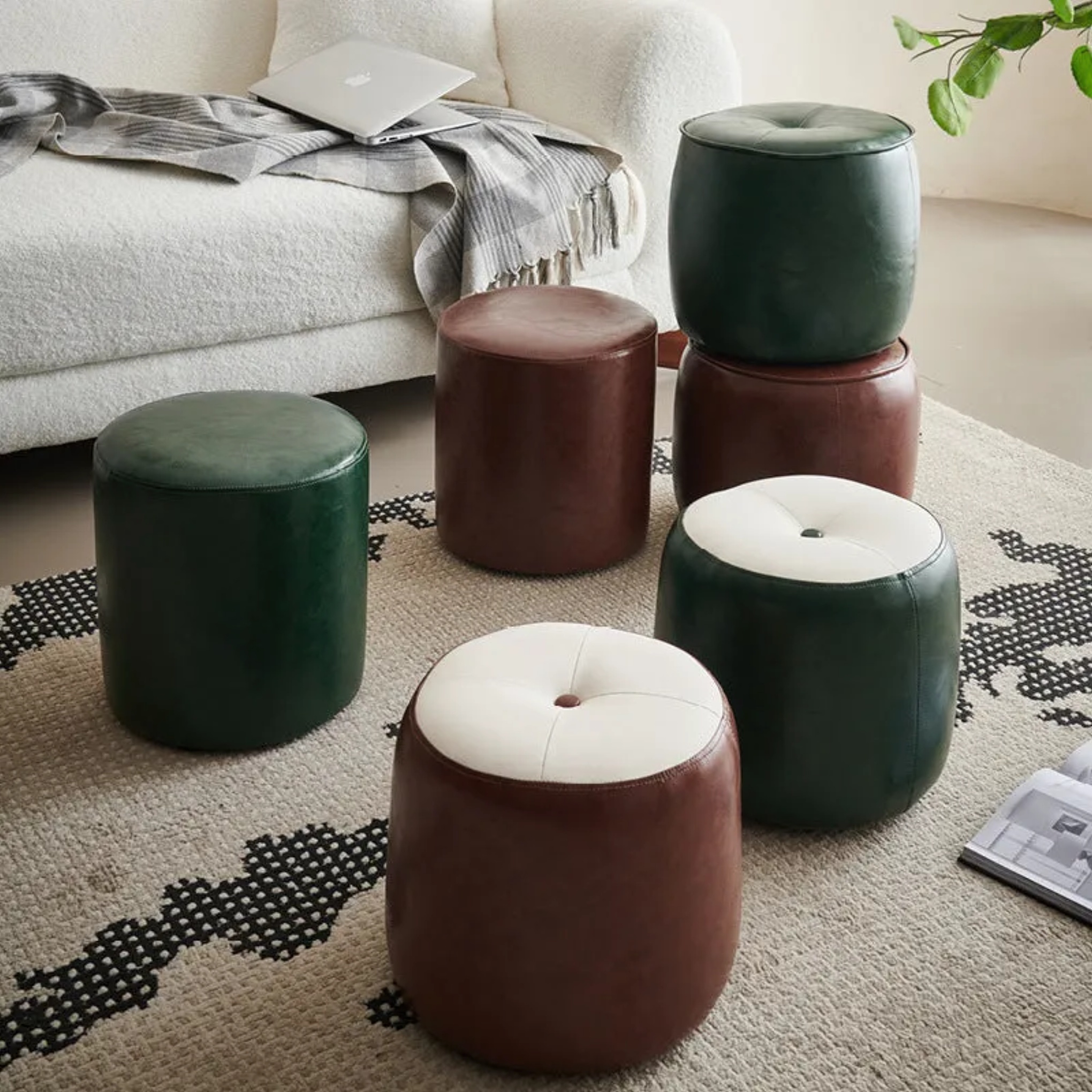 Retro button footstool wood footstools, Lighom — Style A / Green