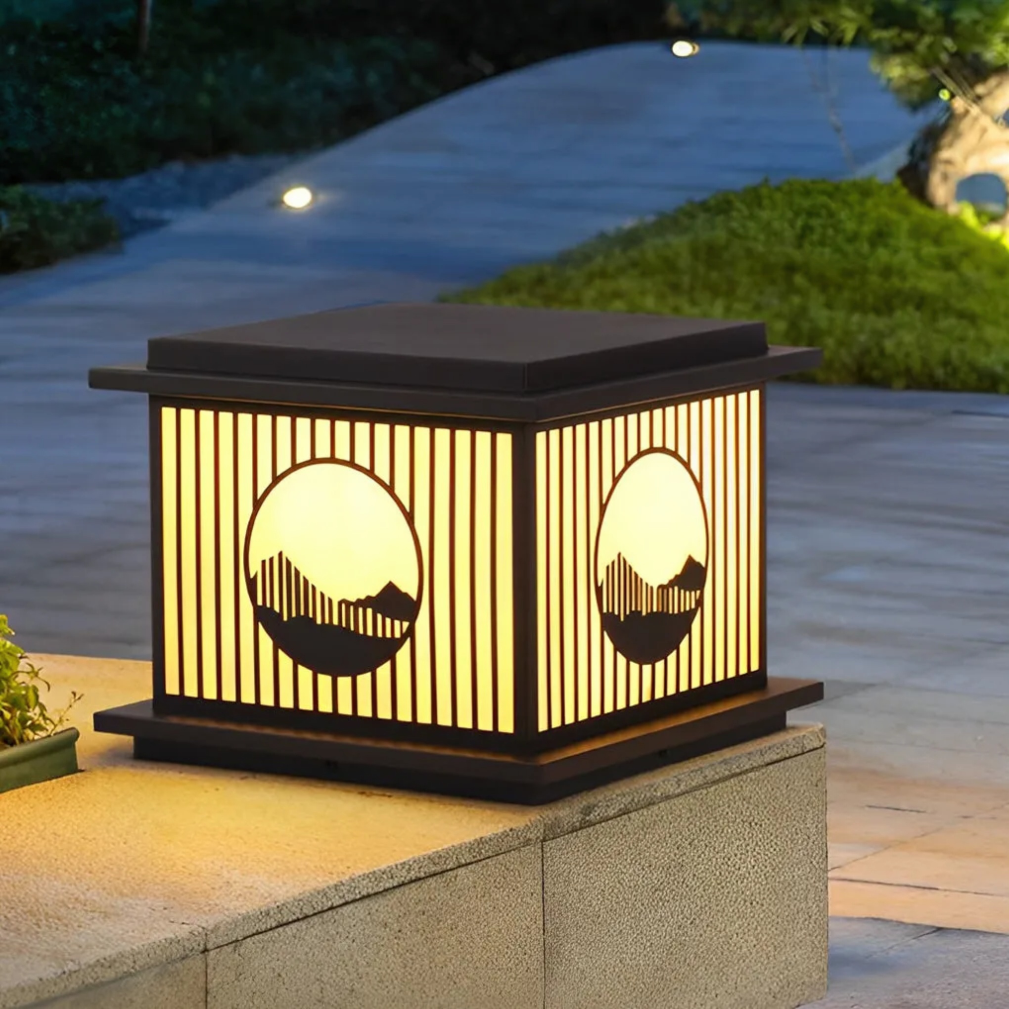Black modern mountain pillar outdoor post lights — 11" L x 11" W x 9" H / Solar / Set of 1