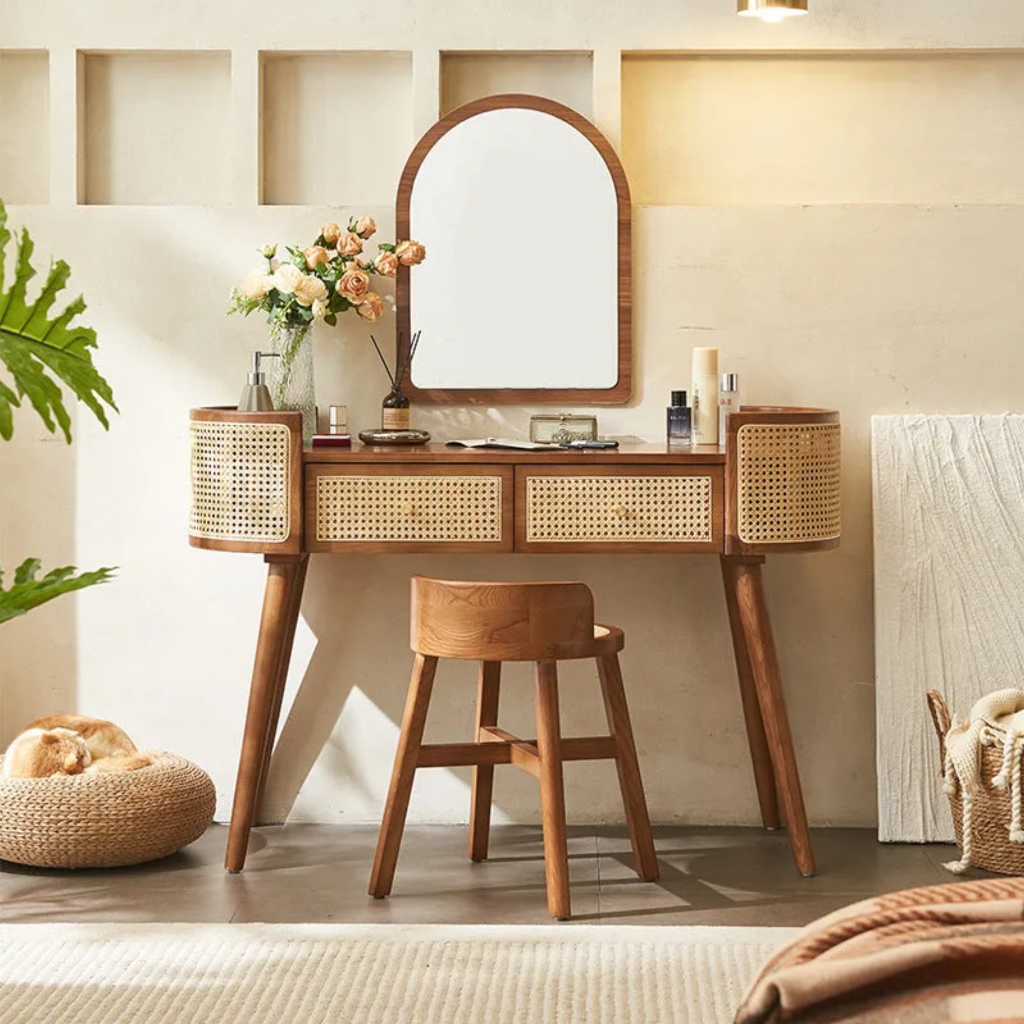 Lighom retro solid dressing rattan makeup vanities — Walnut