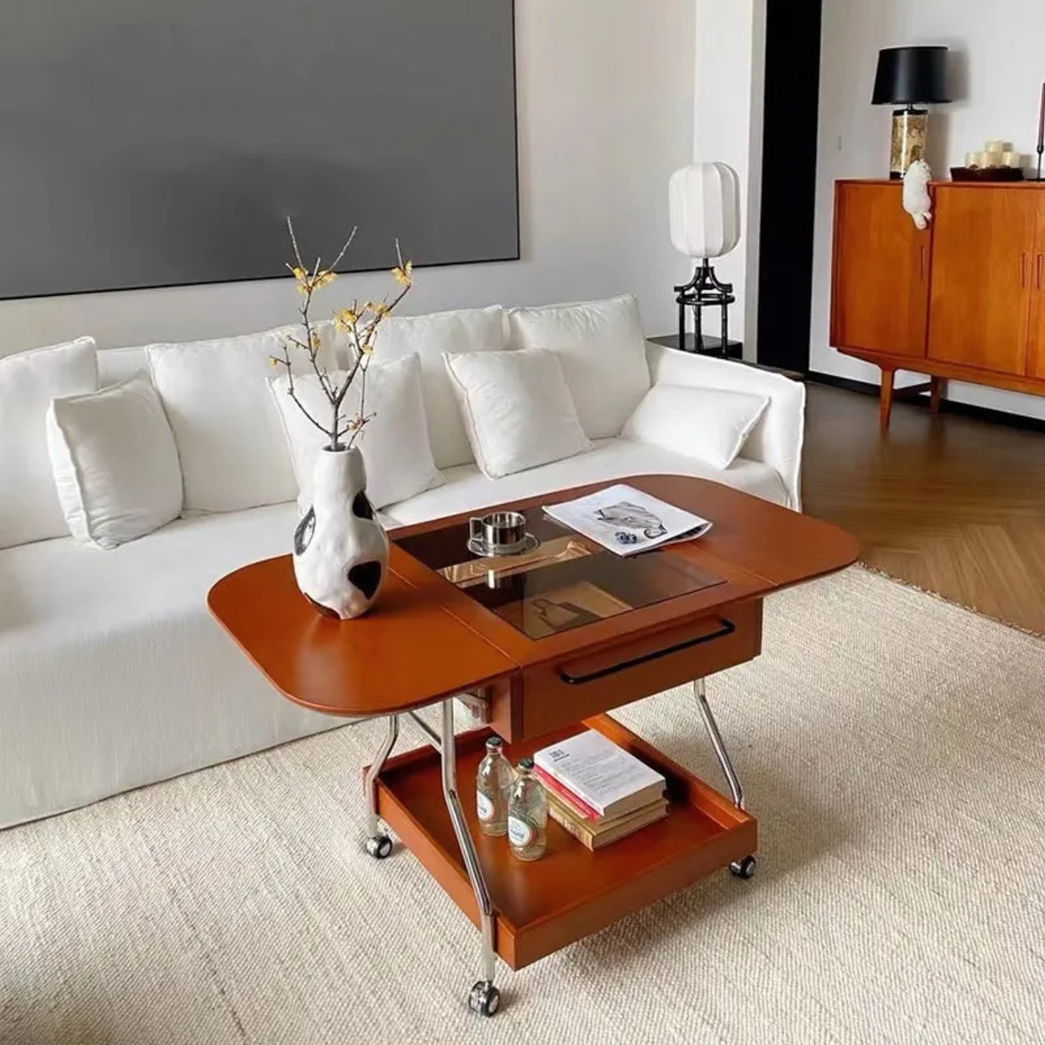 Retro rectangular wood metal glass wood coffee tables