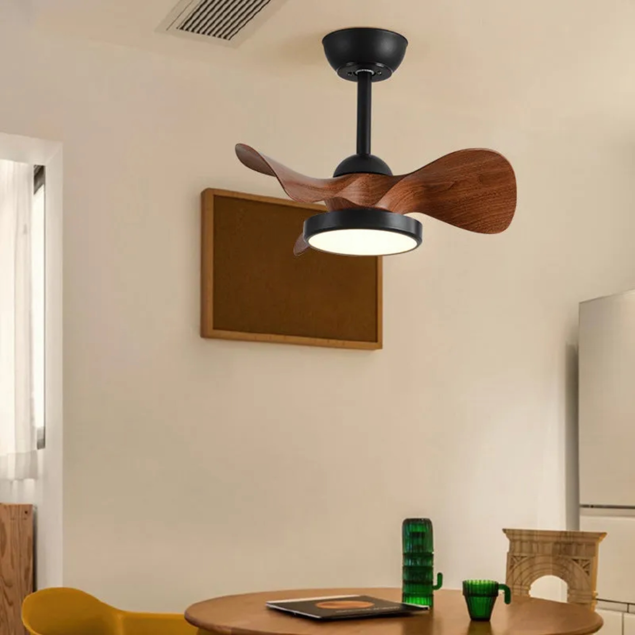 Round retro natural acrylic ceiling fans — Walnut & Black / 110V-120V (US/CA)