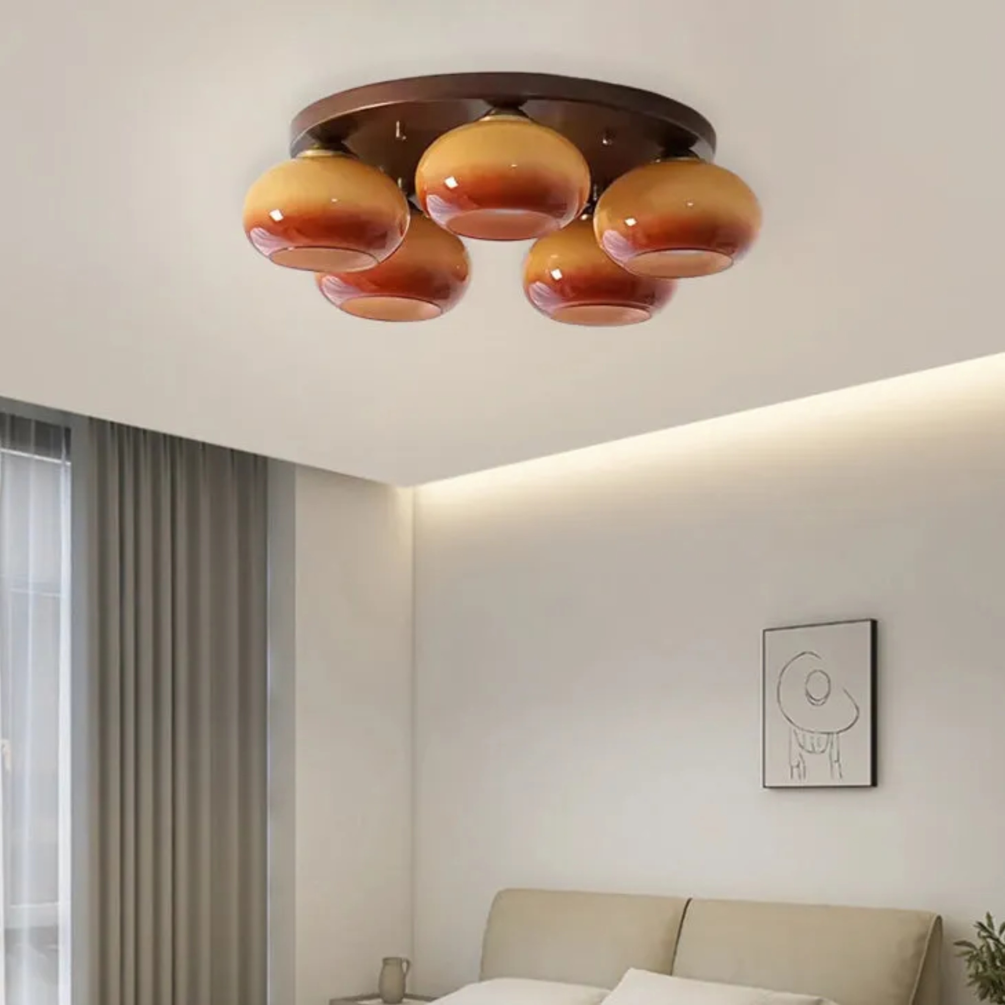 Retro round oval beige iron semi-flush mount light, Lighom — 3-Light / 110V-120V (US/CA)