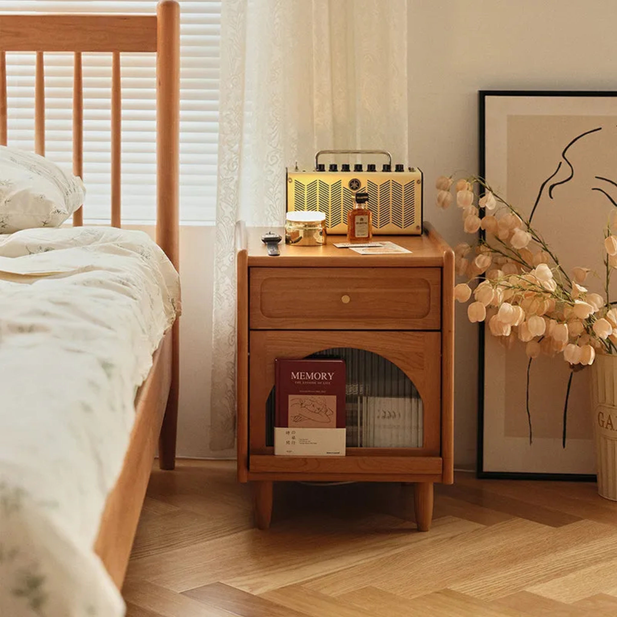 Retro solid cube wood nightstands in wood leather glass