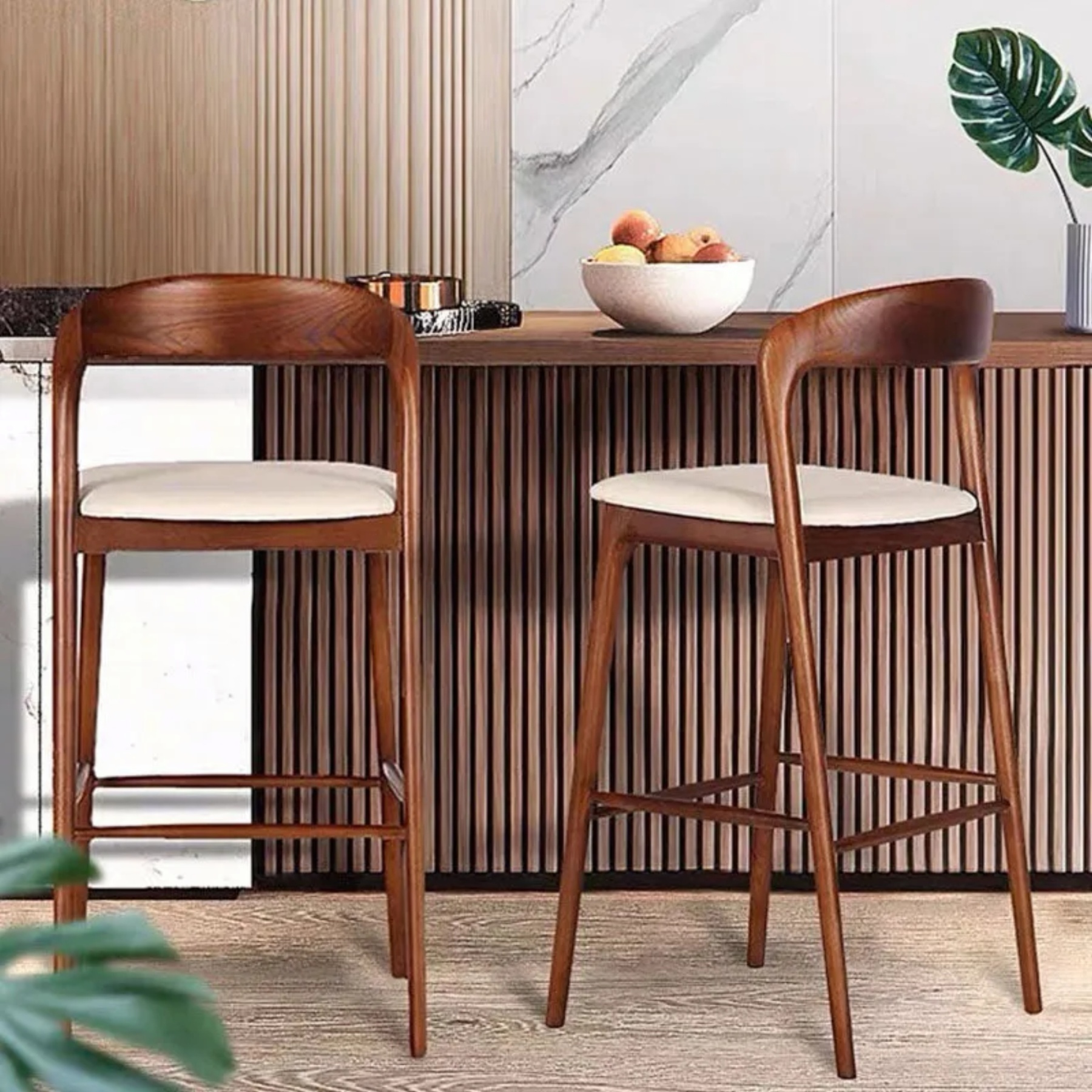 Retro upholstered leather bar & counter stools — Walnut