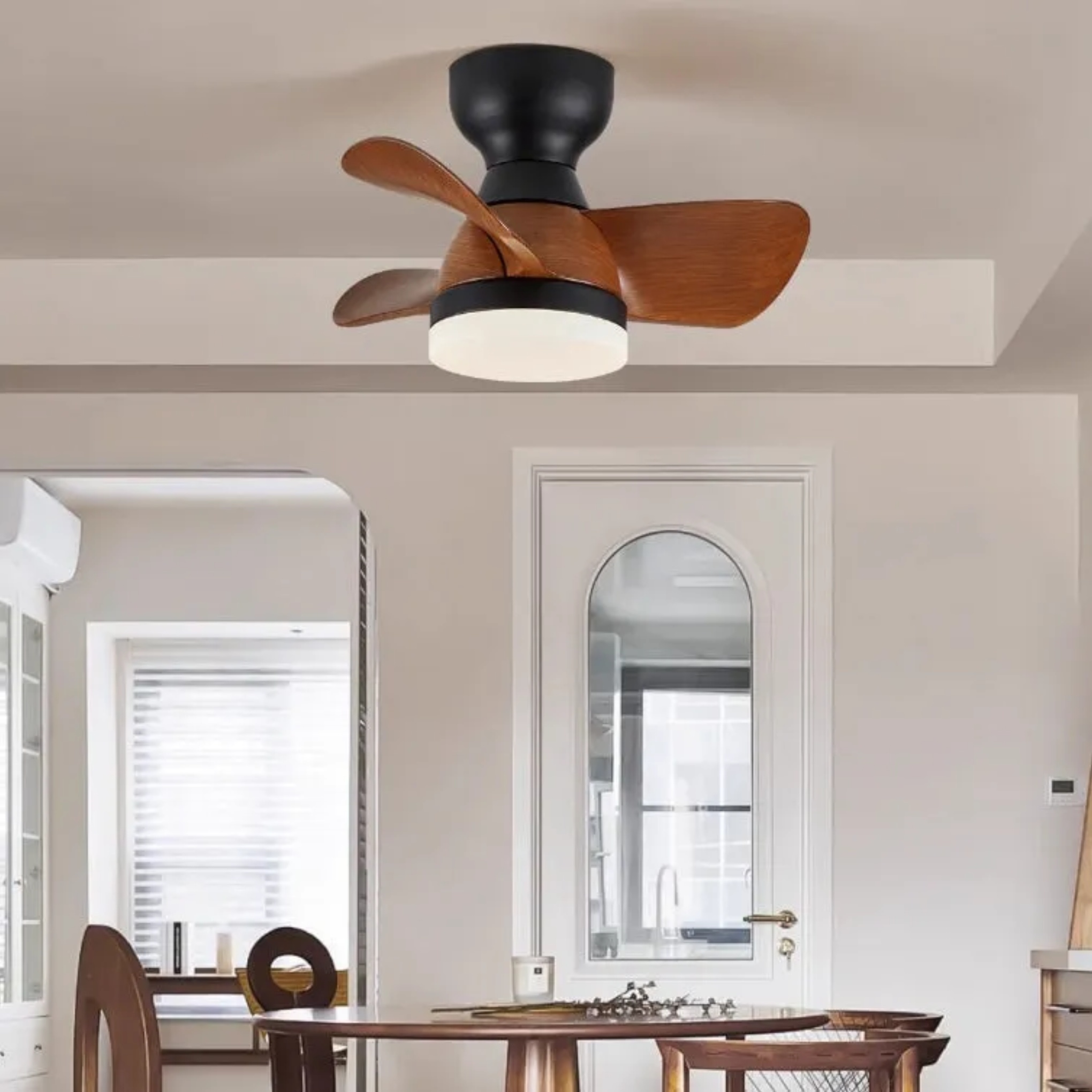 Retro three blade ceiling fans in acrylic — Warm White (3000K) / Walnut / 110V-120V (US/CA)
