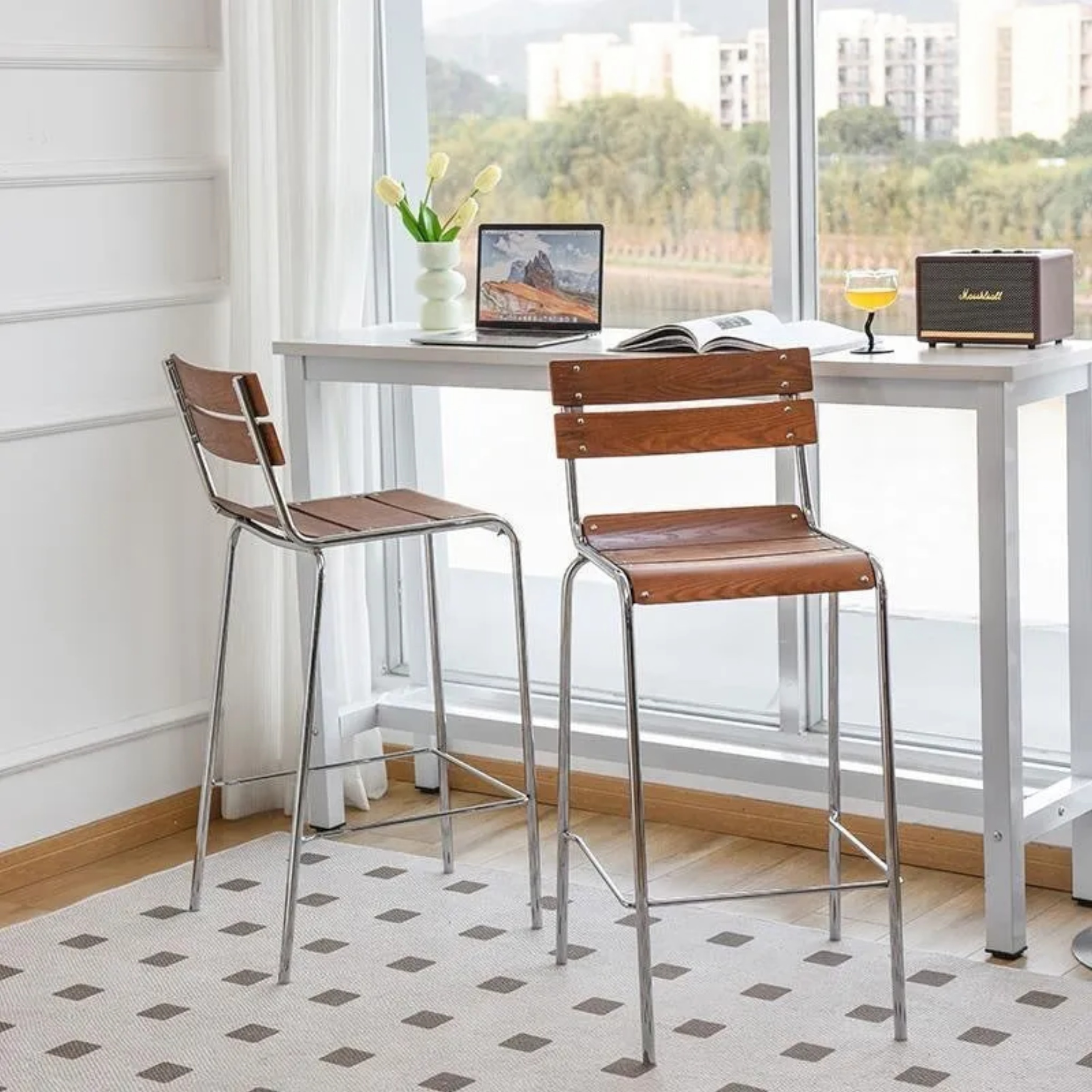 Retro square wood iron wood steel bar & counter stool, Lighom