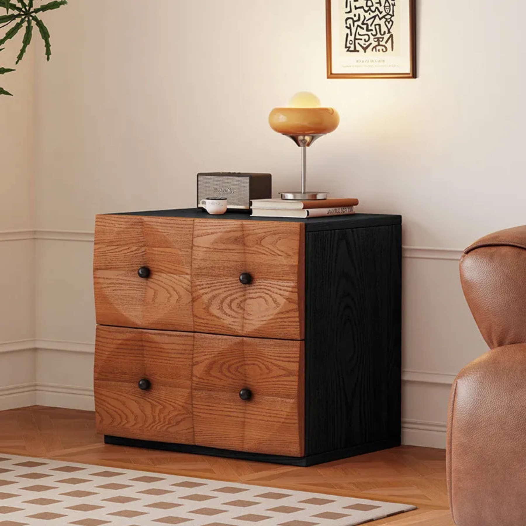 Lighom retro 2-drawer wood end & side tables — Walnut & Black