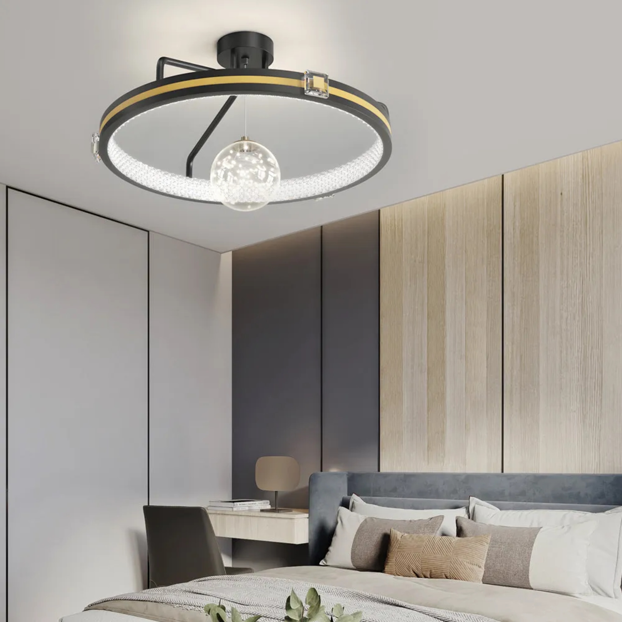 Lighom minimalist ring ball glass semi-flush mount light — 15.7" Diameter / Brushed Gold