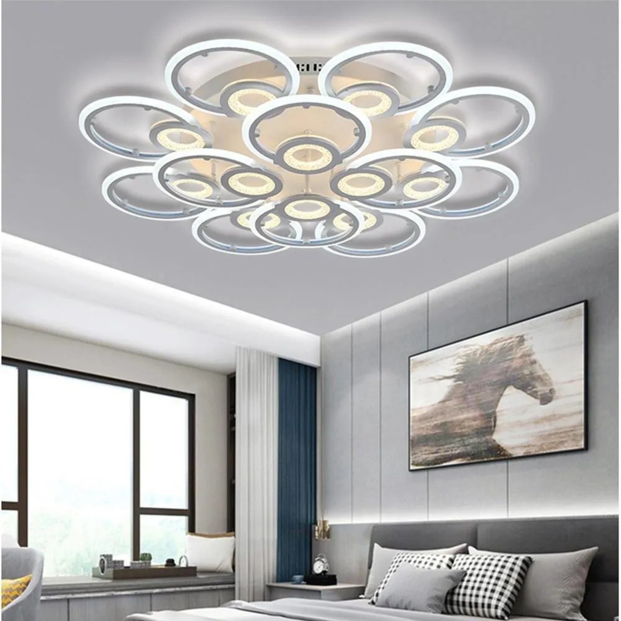 White metal geometric ring semi-flush mount light — 3-Color Changeable / 4-Light