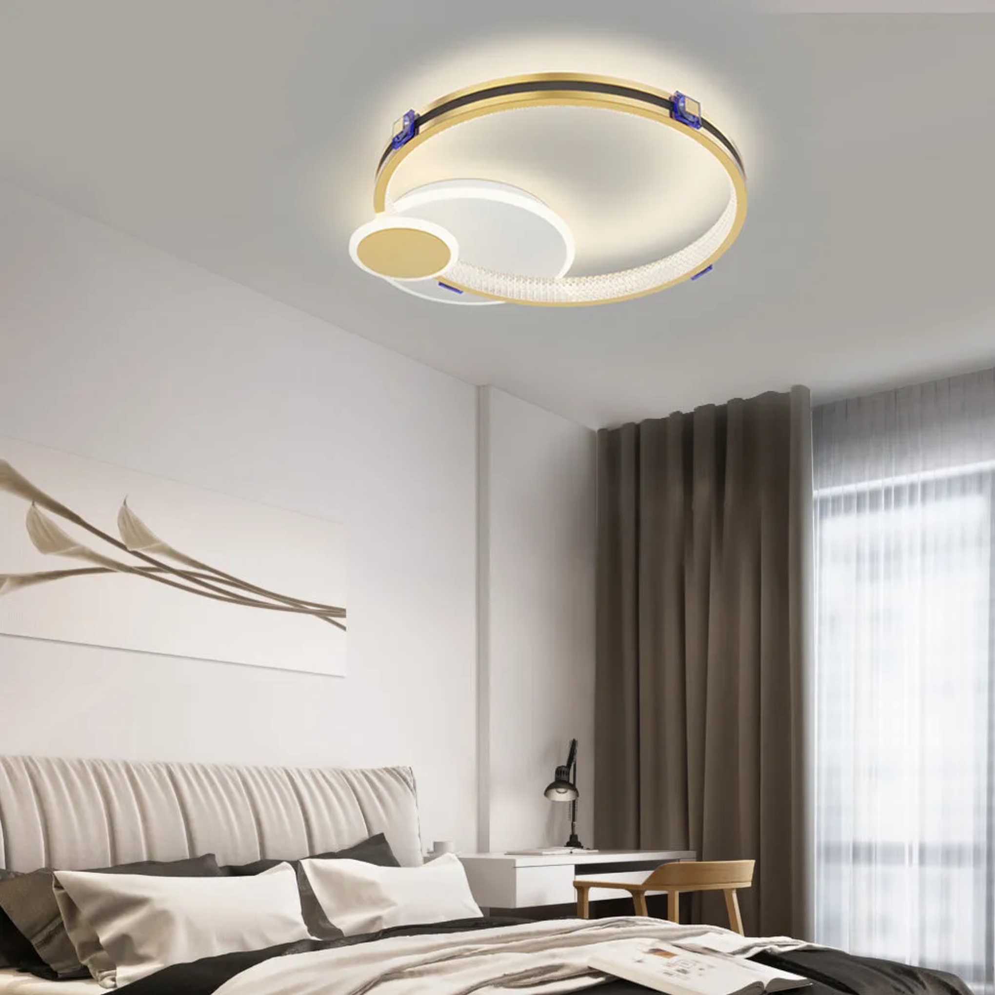 Gold leather ring round semi-flush mount light — 20.5" Diameter