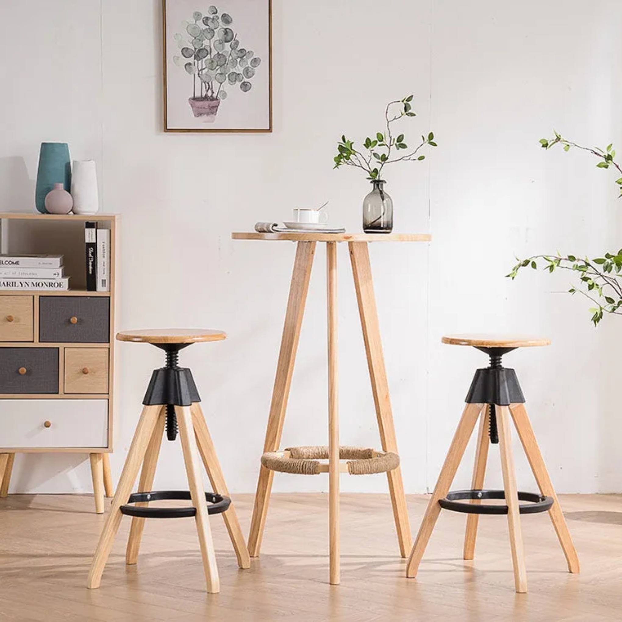 Rotatable backless wood bar & counter stools for living room — 27" H x 17" Dia x 20.47" L