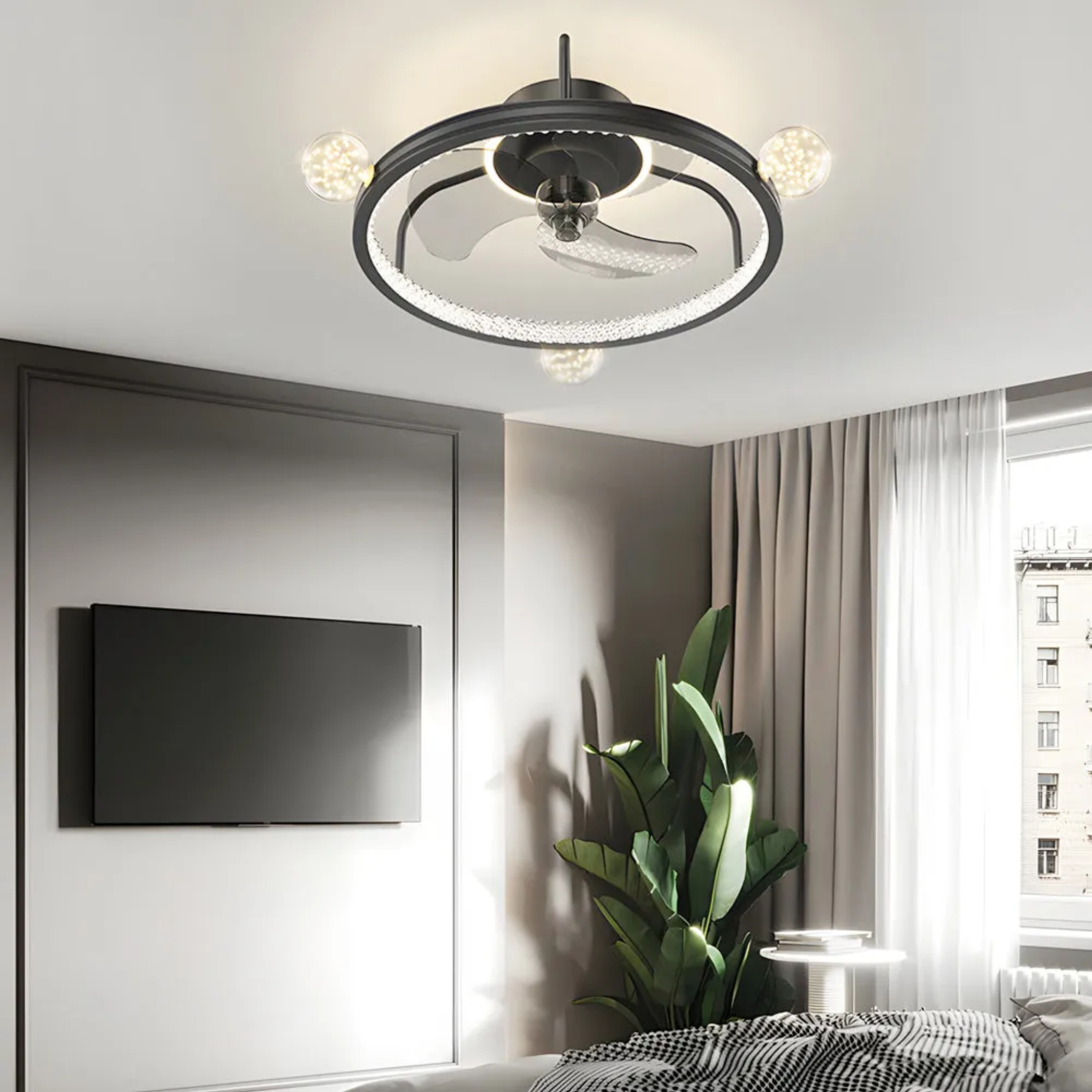 Modern 3-step ball black ceiling fans, Lighom — Ordinary White / Matte Black