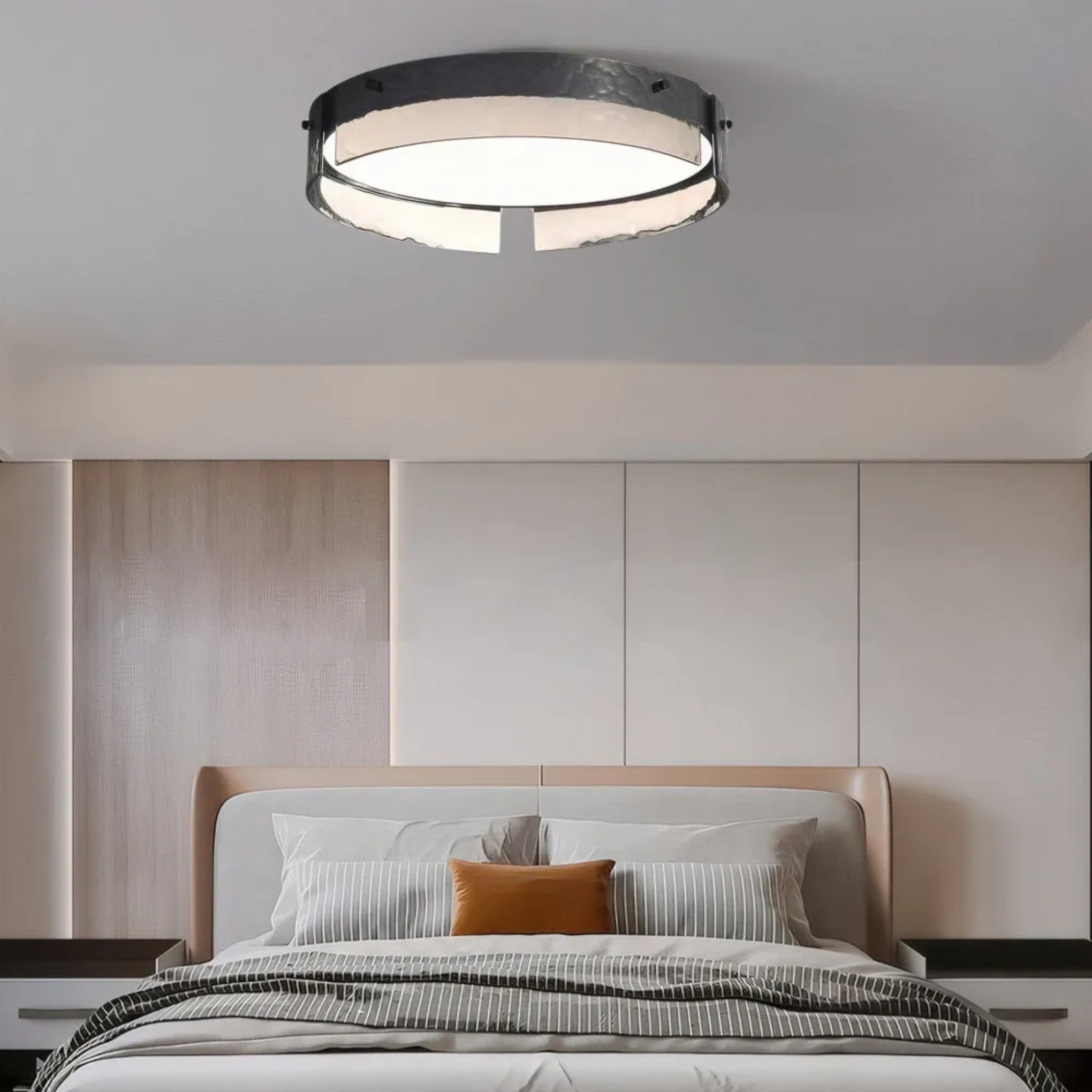 Lighom modern round hammered black flush mount lighting in glass — 16.5" Diameter / Warm White (3000K)