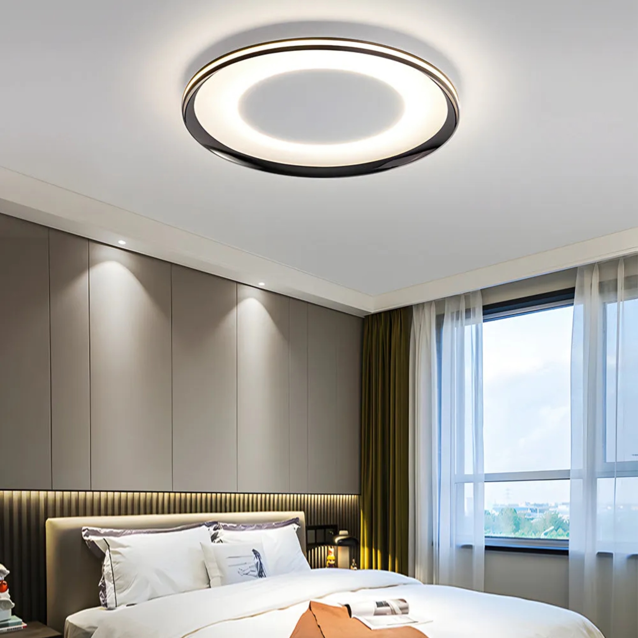 Black modern round flush mount lighting — 15.7" Diameter / 3-Color Changeable