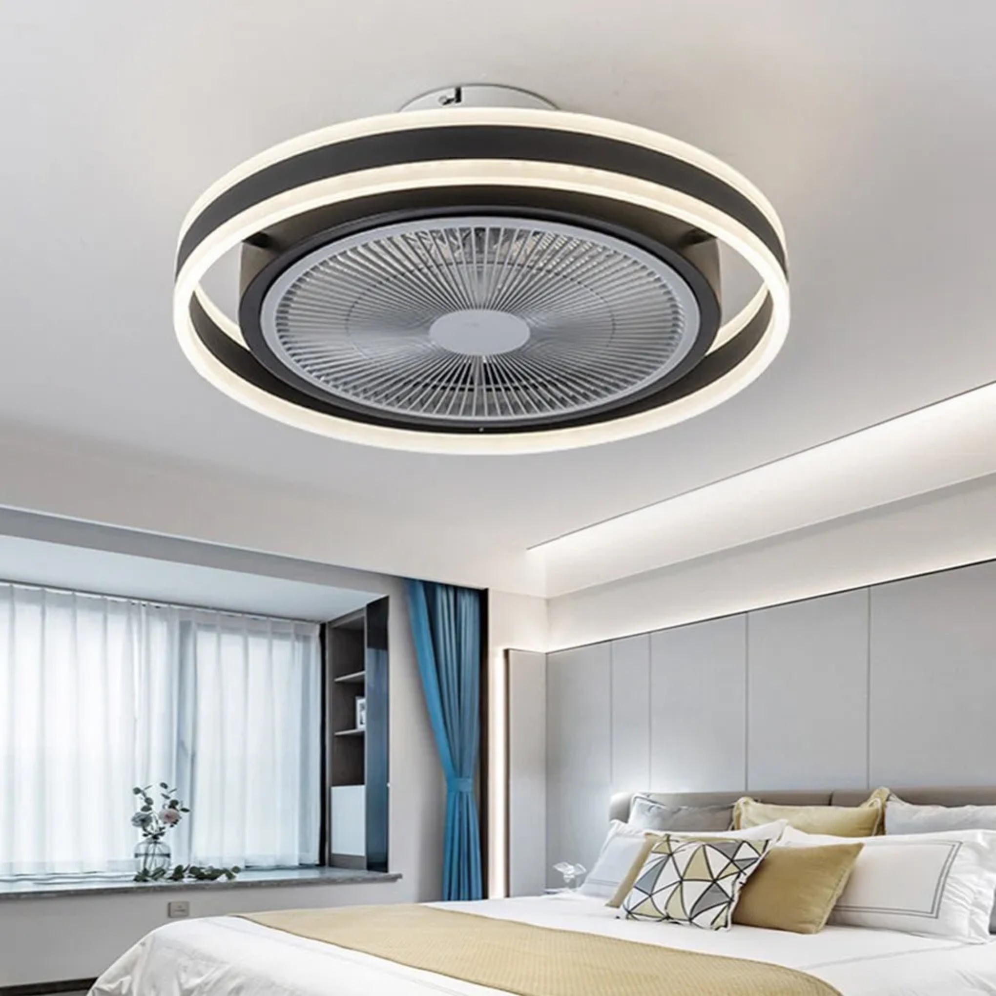 Lighom industrial bladeless round black ceiling fans — Single Circle / White
