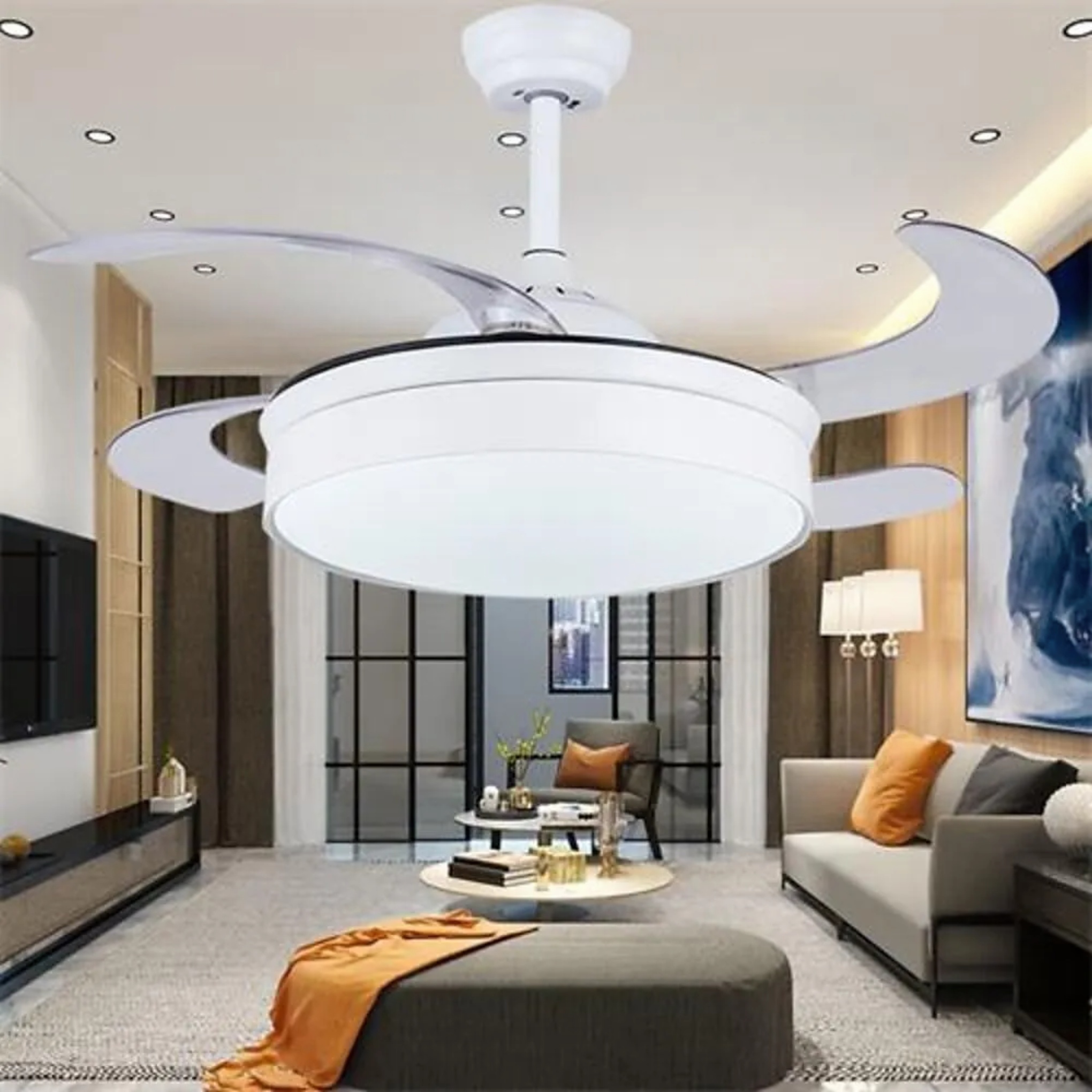 Industrial drum retractable black ceiling fans in synthetic — 18" H x 15" Dia / White