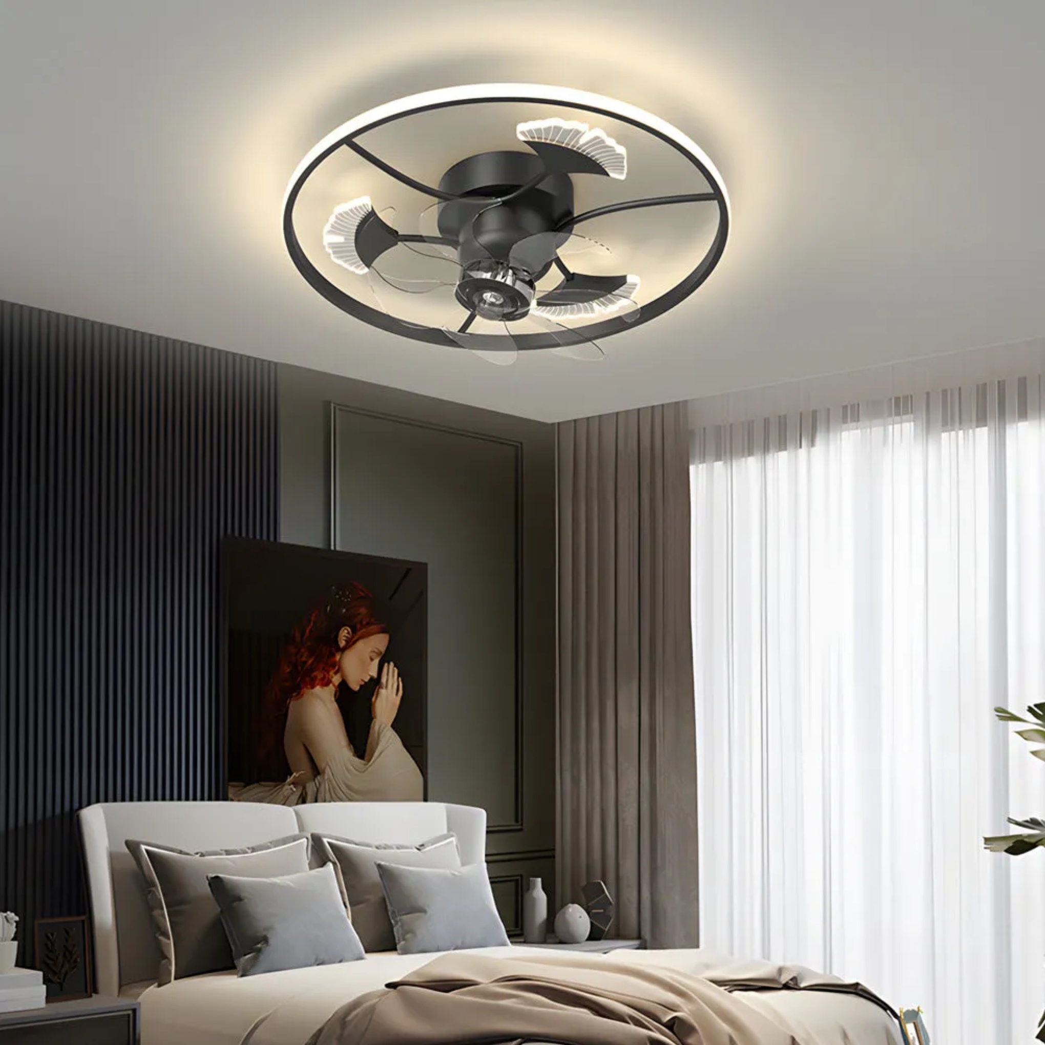 3-step round synthetic ceiling fans for dining room — Matte Black