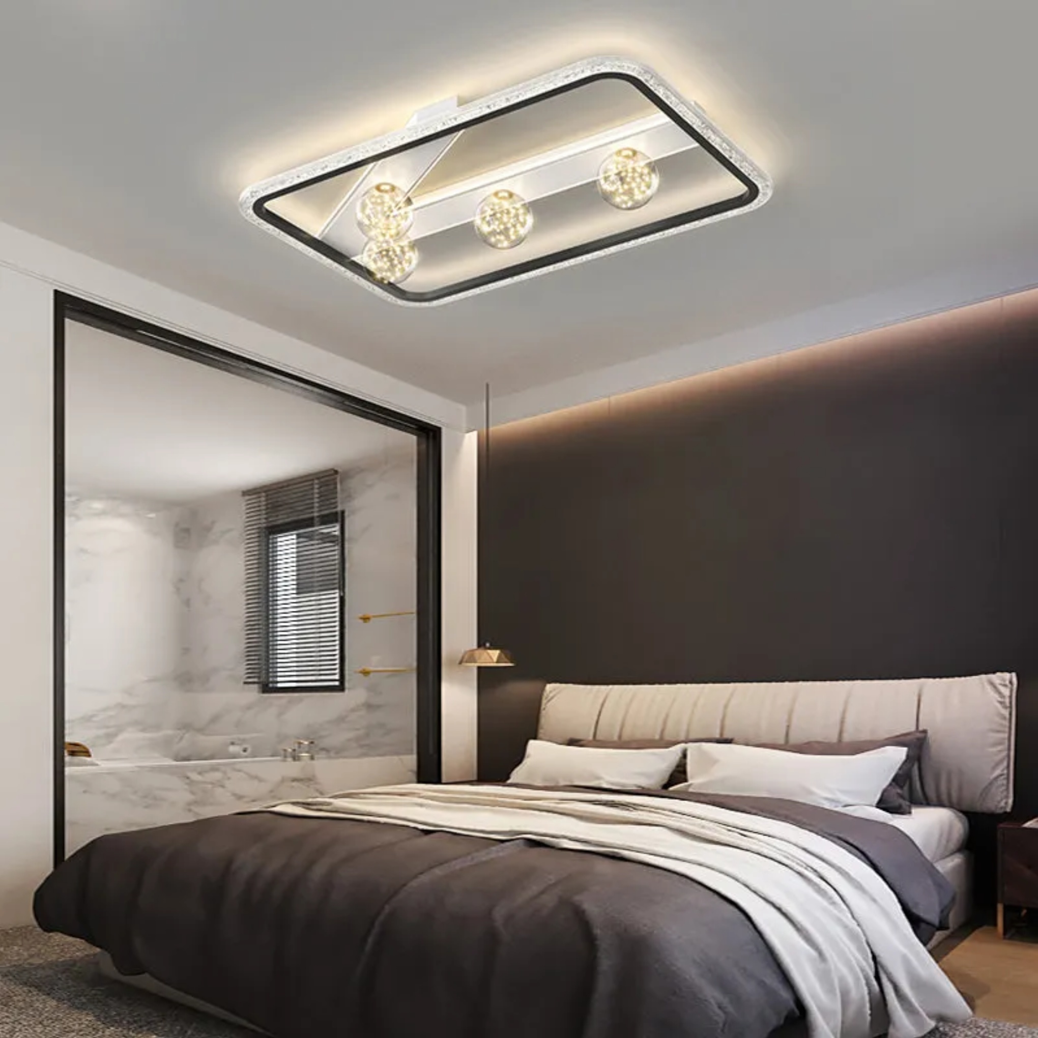 Lighom modern rectangular round black semi-flush mount light in synthetic — Matte Black