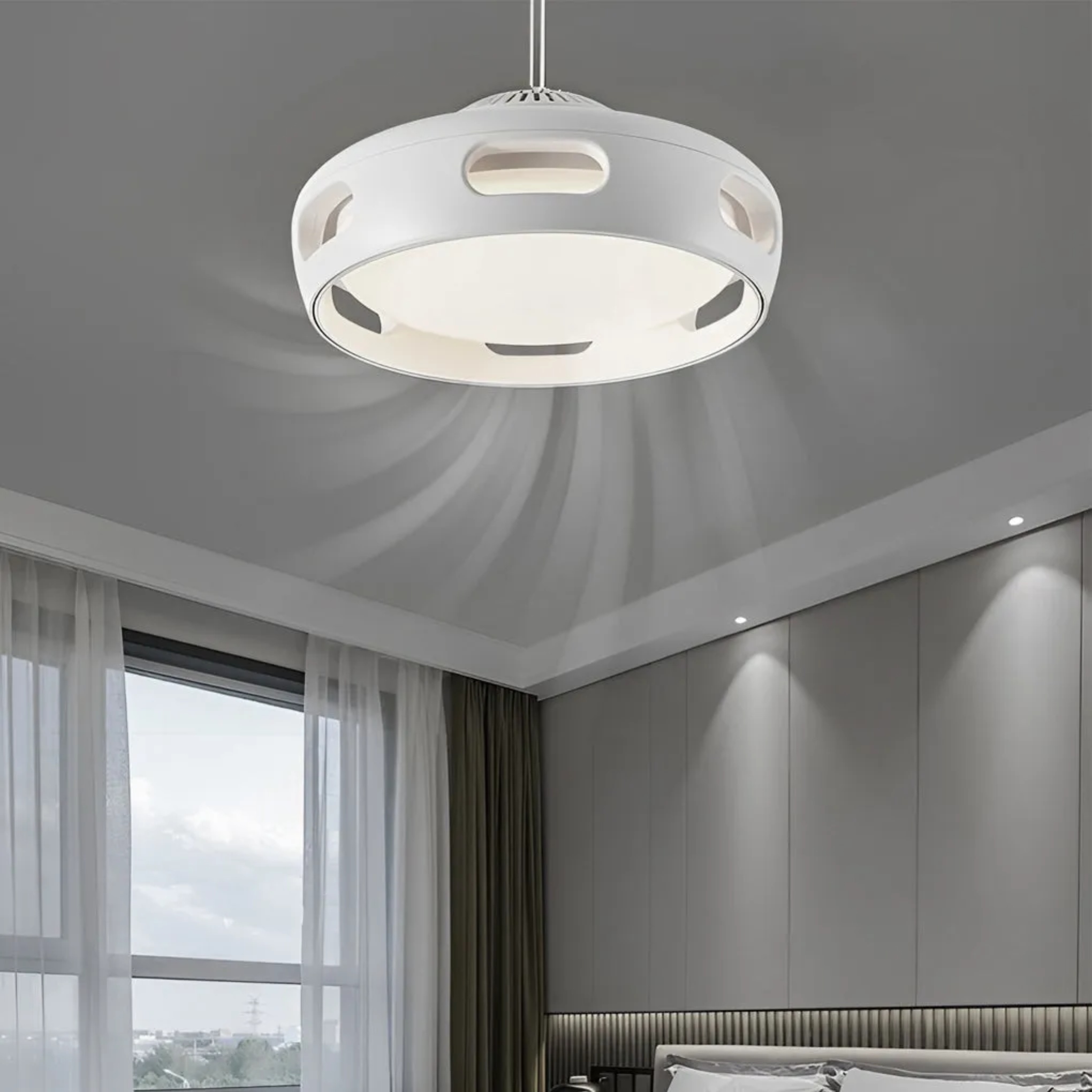 Modern stepless bladeless white ceiling fans in synthetic — Semi Mount Light