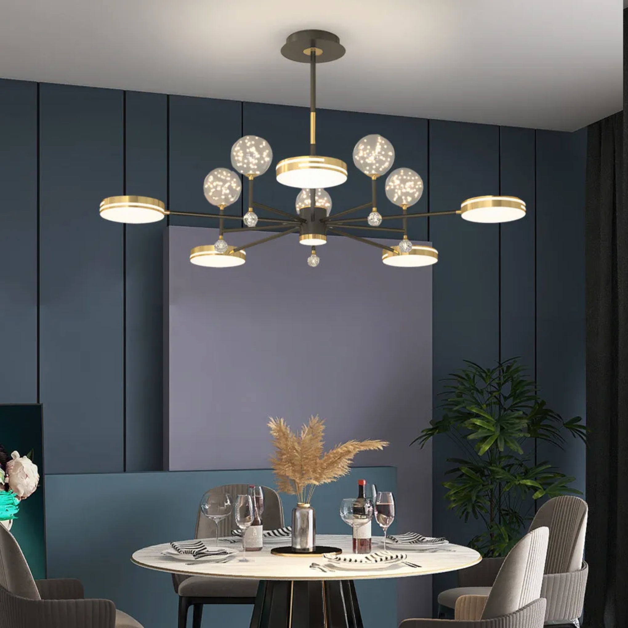 Black metal round star chandeliers - minimalist — 3 & 3 Lights