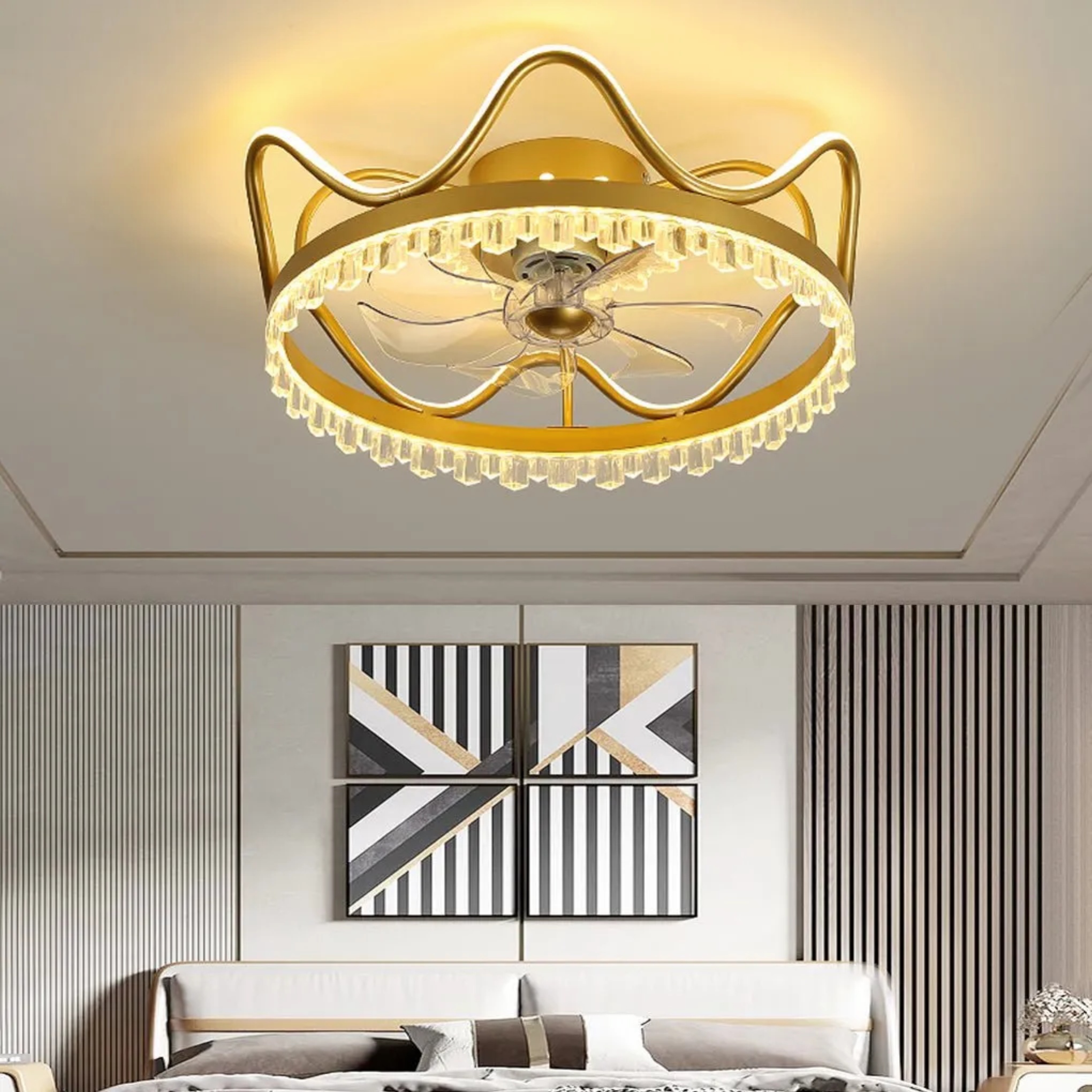 Industrial round stepless white kids ceiling fans in synthetic — 6" H x 18" Dia / Brushed Gold