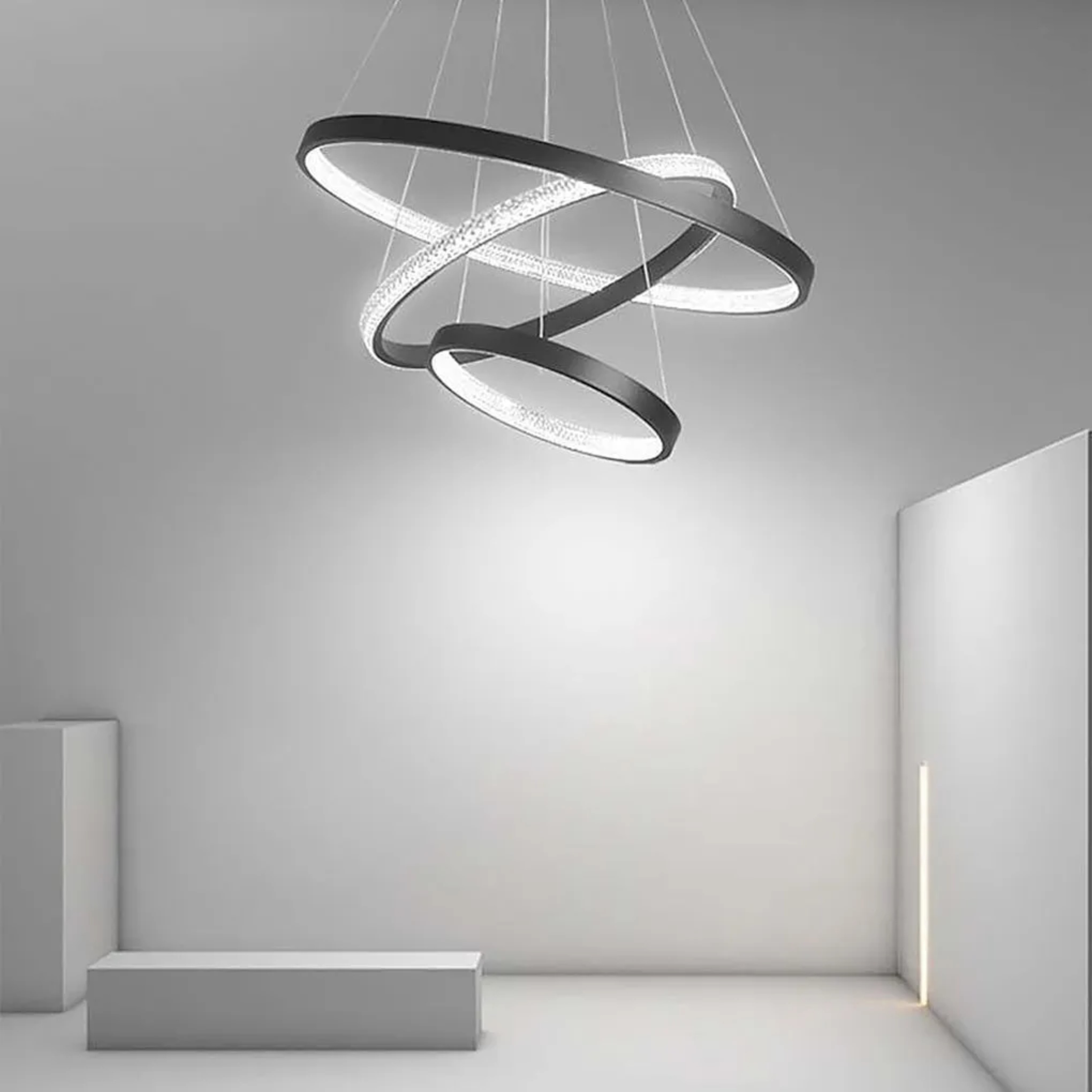 Modern three-ring round black chandeliers — Cool White (6000K) / White