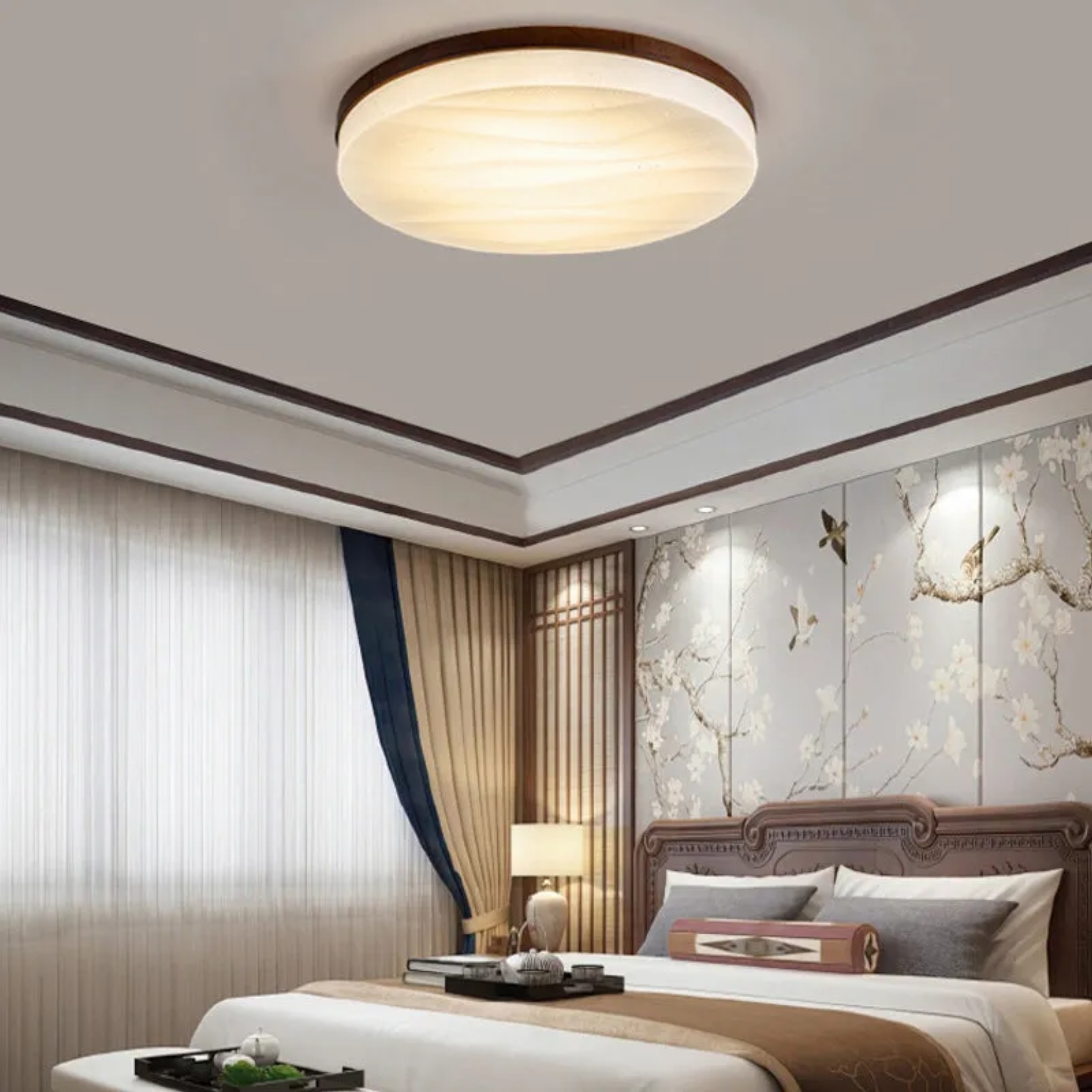 Lighom rustic round home wood flush mount lighting — Walnut