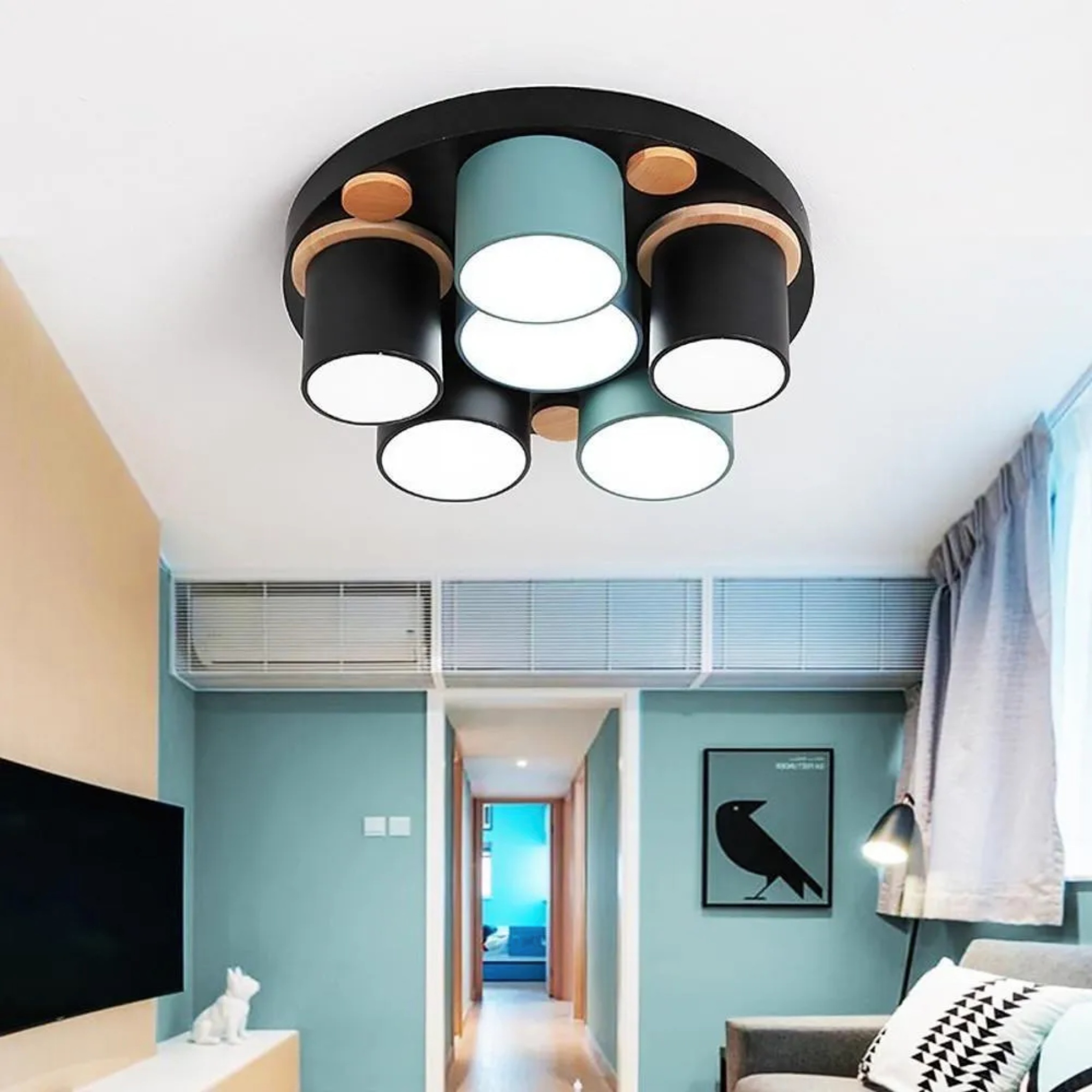 Modern cylindrical rounded gray synthetic semi-flush mount light, Lighom — 5.91" H x 11.81" Dia / 3-Light