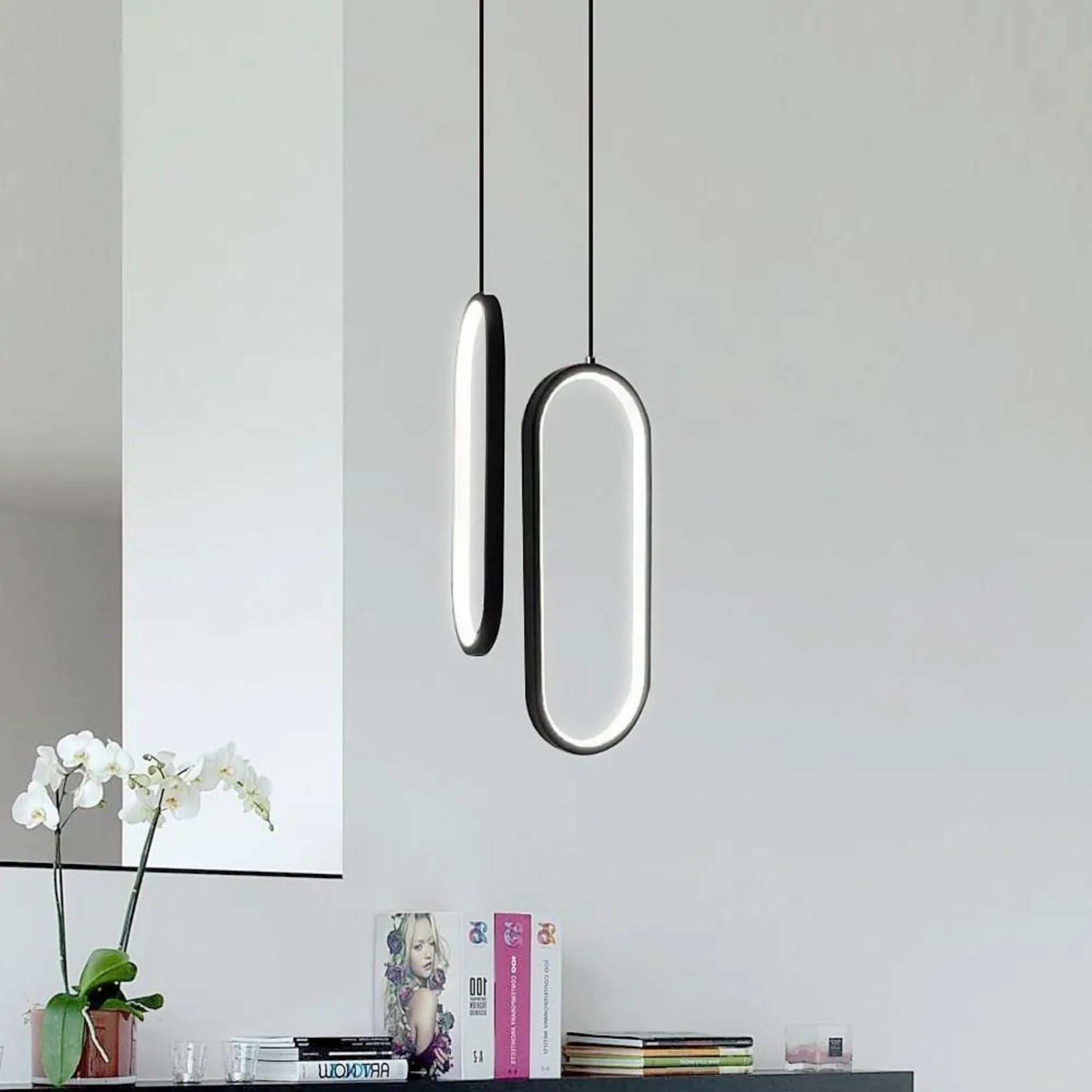 Modern rectangle rounded black pendant lighting, Lighom — Warm White (3000K) / White