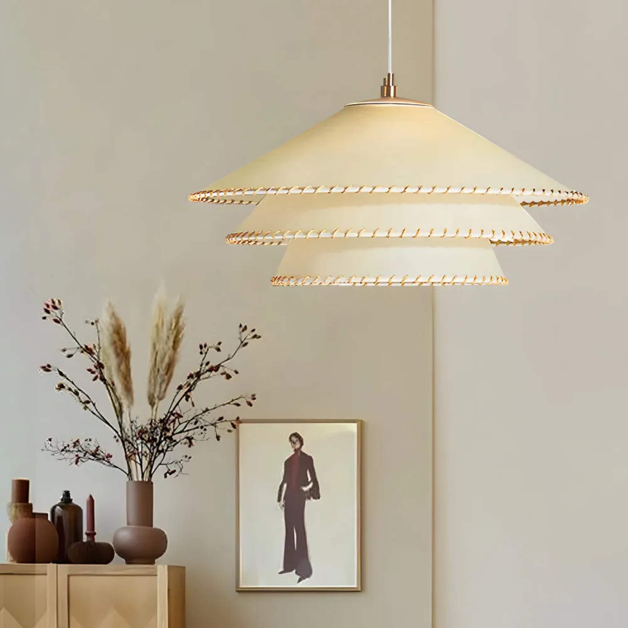 Rustic 3-tier 1-light fabric pendant lighting — 15.7" Diameter