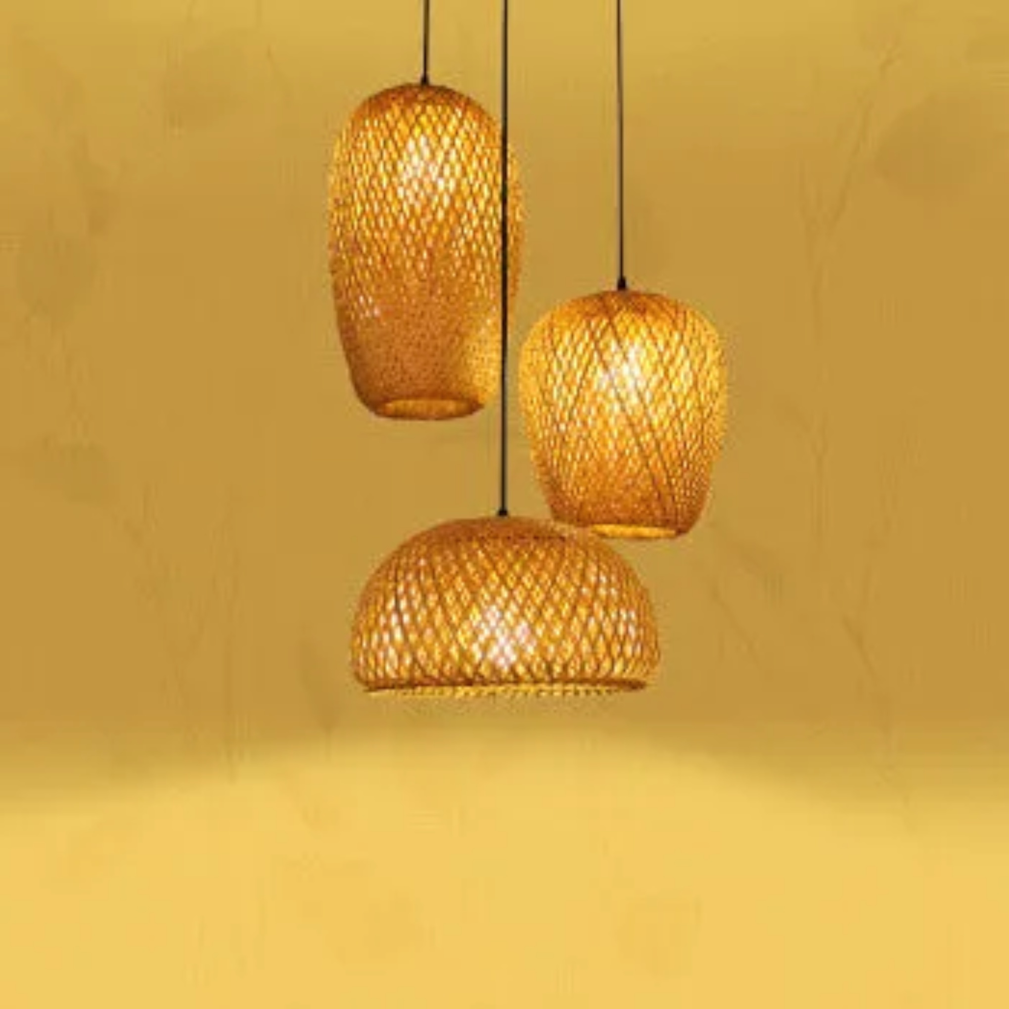 Japanese woven pendant lighting in bamboo — 3-Light Linear Base / Black Ceiling Tray / Black Wire
