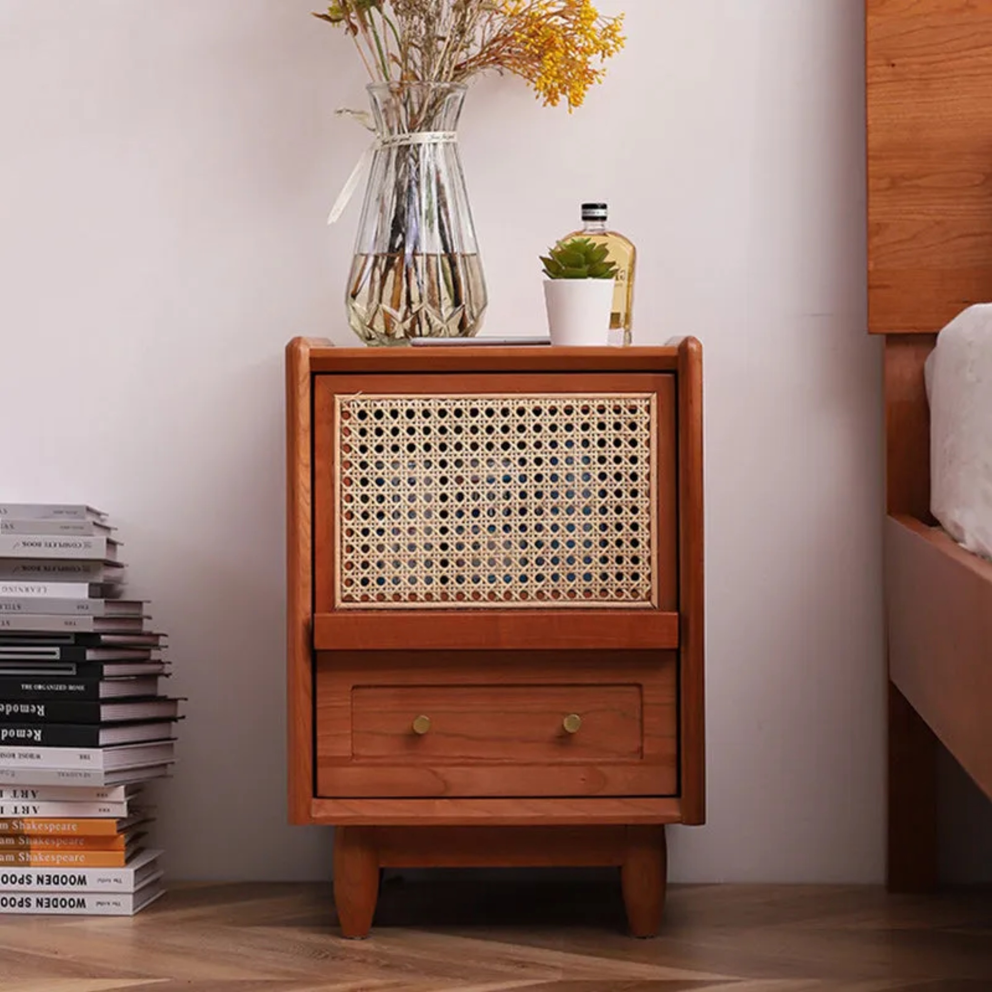 Traditional cherry rust rattan wood glass nightstands
