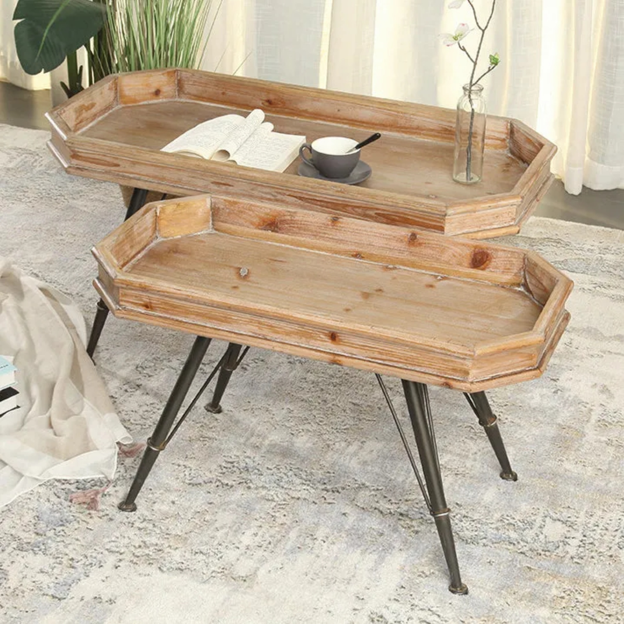 Wood iron rectangular rust coffee tables - traditional — 31.1" L x 15.35" W x 18.5" H