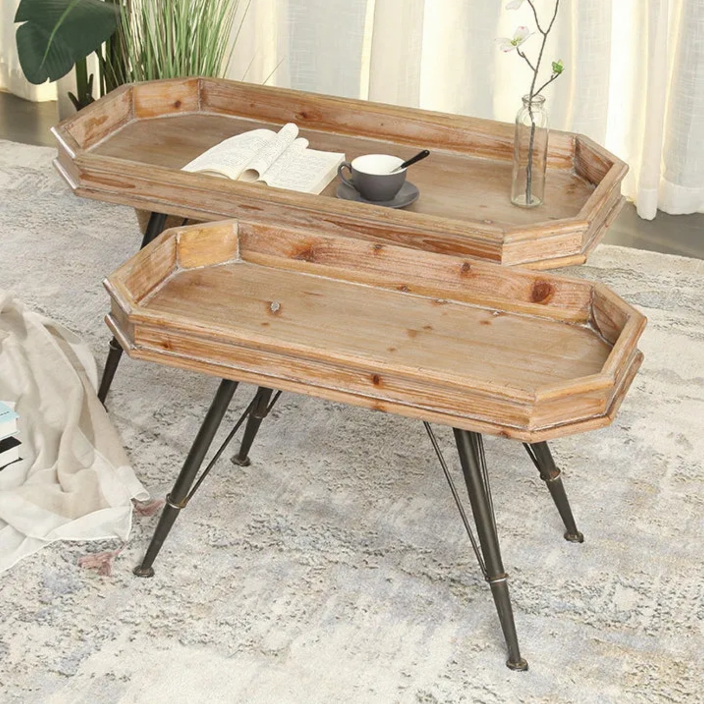 Wood iron rectangular rust coffee tables - traditional — 31.1" L x 15.35" W x 18.5" H
