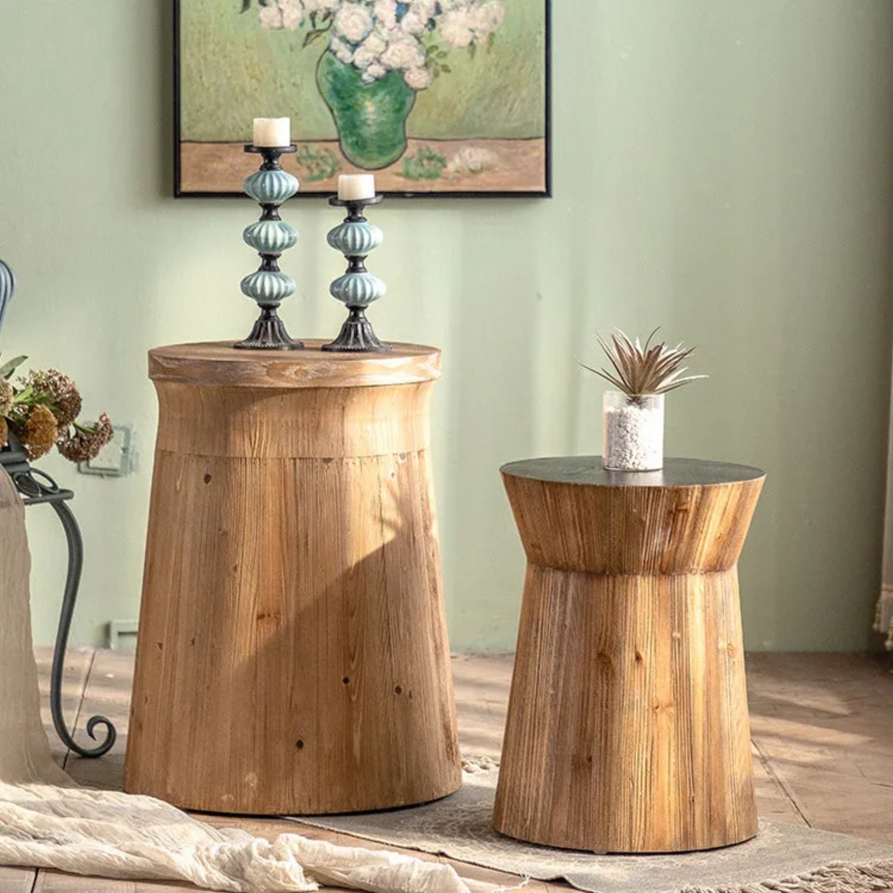 Column rust wood end & side tables for living room — 18.7" H x 13.58" Dia
