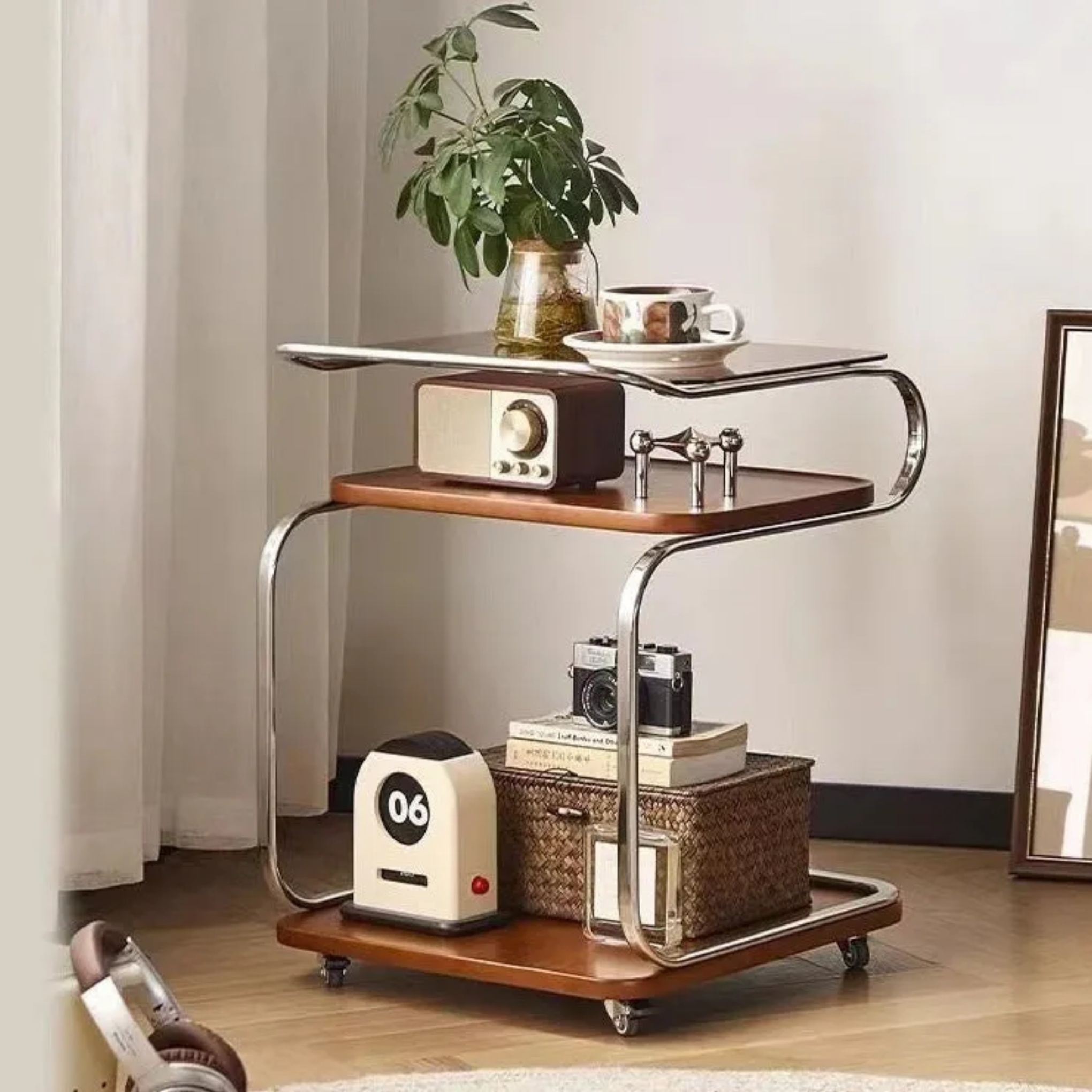 Lighom nordic 3-tier walnut end & side tables in glass