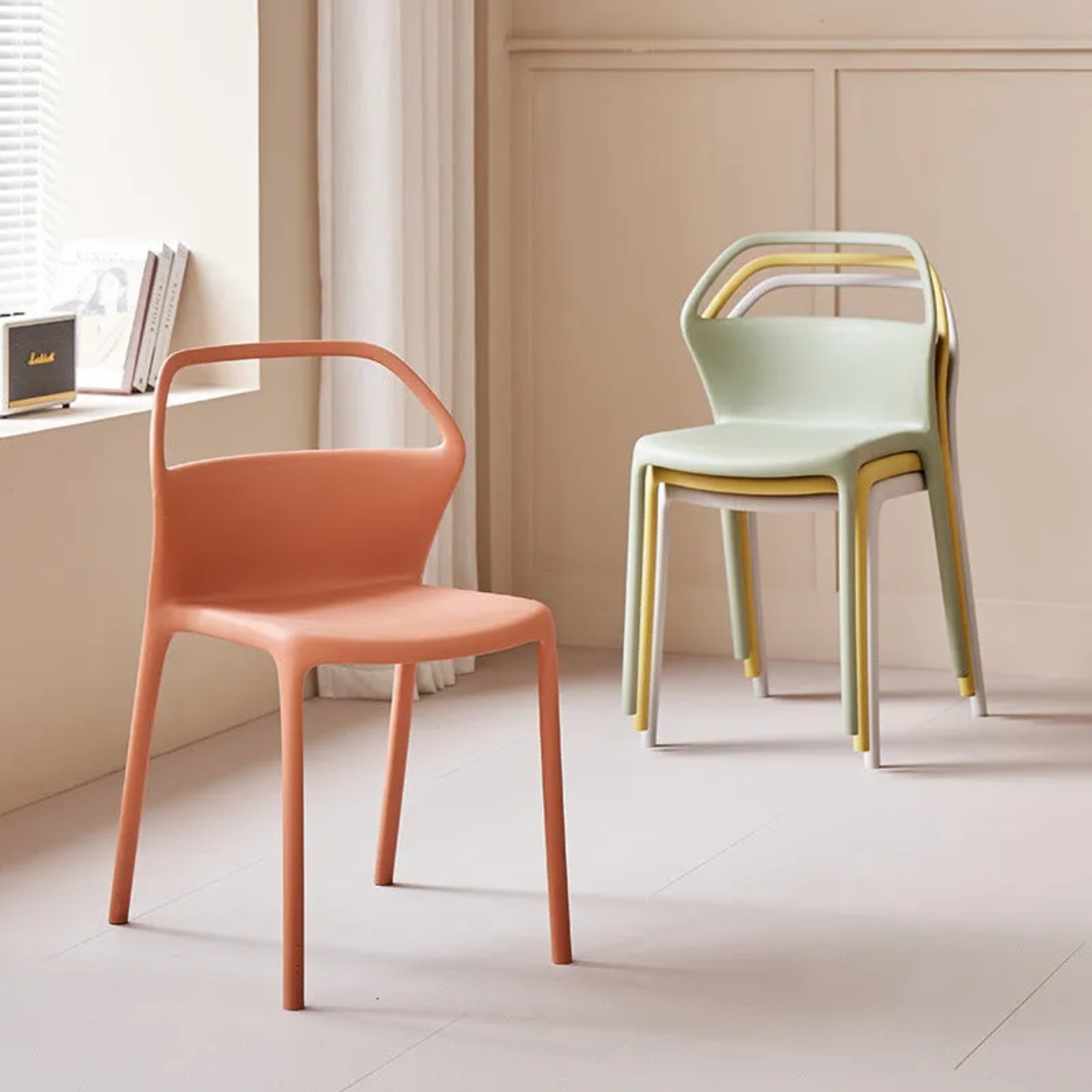 Nordic stackable white dining chairs & benches